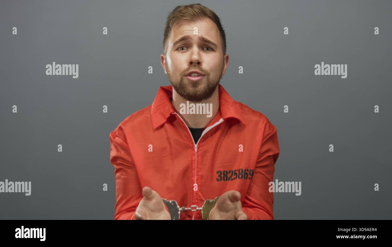 Mann in orangefarbenem Gefangenenanzug mit sichtbaren Handschellen und Händen im grauen Atelier; bittet um Reue. Stockfoto