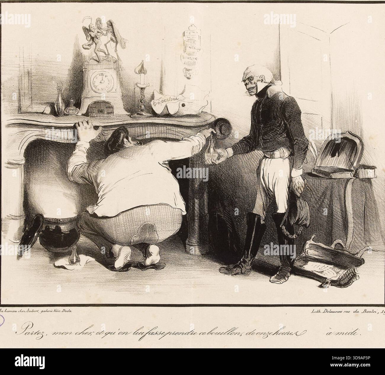 Gehen Sie, mein lieber Freund, und lassen Sie ihm die Brühe von elf Uhr bis Mittag essen. Delaunois, Nicolas Louis, Drucker, Aubert, Verleger, 1835, Maison de Balzac, Graphic Arts, Print, Periodische Illustration, Lithografie, Abmessungen - Bildmaterial: Höhe: 27 cm, Breite: 35,5 cm, Abmessungen - Bild: Höhe: 18,5 cm, Breite: 23,5 Stockfoto