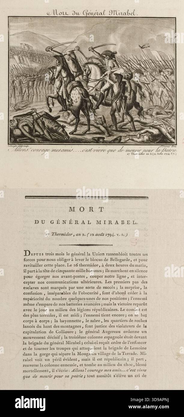 Französische Revolution. Tod von General Mirabel. Text zum Gemälde CARG029043, 12. August 1794 (27 Thermidor Jahr II). Die Annalen des französischen Volkes. Deroy, Verleger, Grasset de Saint-Sauveur, Jacques, Autor des Modells, 1796, Druck, Grafik, Manuskripte, gedruckte Materialien, Bindung, French Revolution, gedruckt, Typografie = Buchdruck, Abmessungen - Bildmaterial: Höhe: 25 cm, Breite: 18,7 cm, Abmessungen - Befestigung: Höhe: 50 cm, Breite: 32,5 Stockfoto