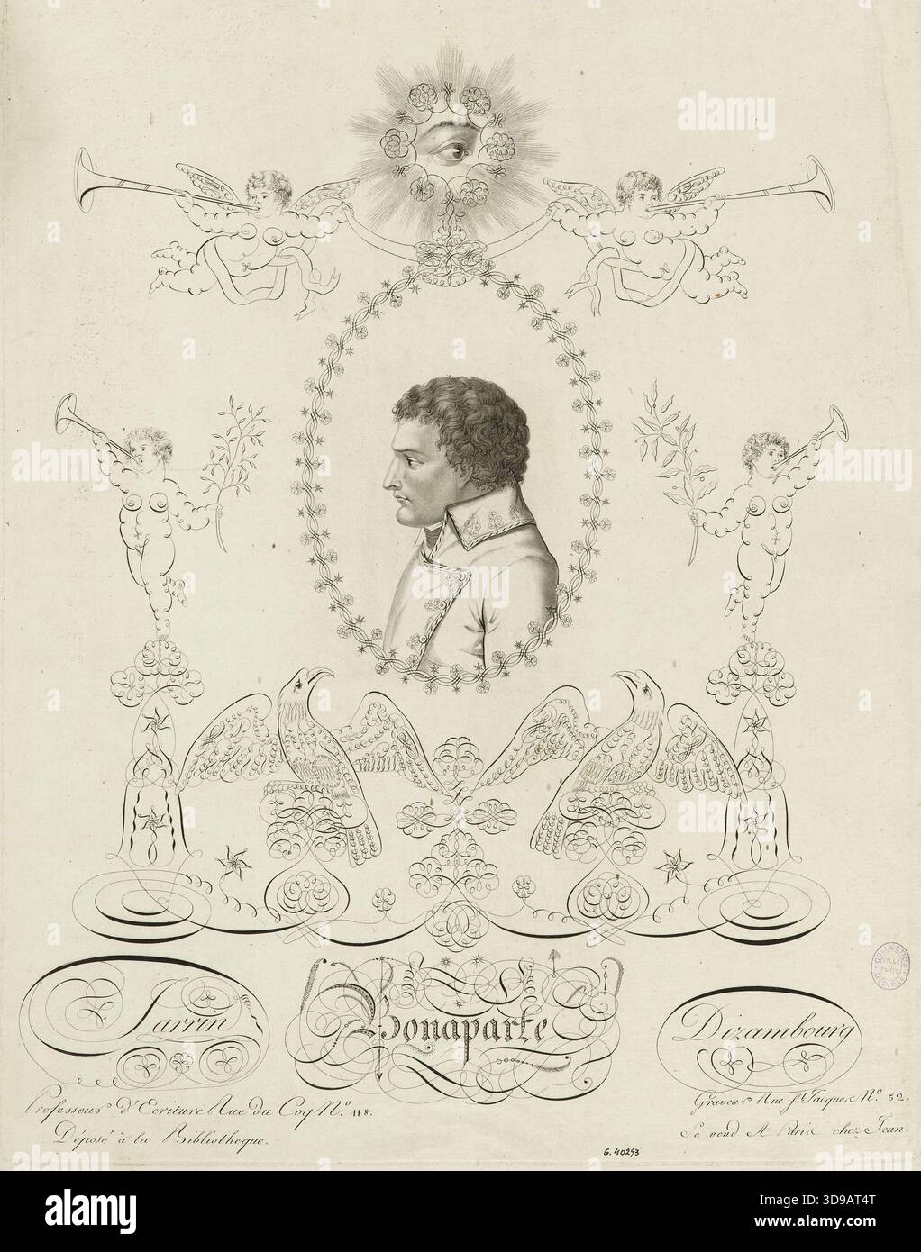 Bonaparte im Profil nach links, umgeben von kalligraphischen Ornamenten, Dizambourg, Graveur, Jarrin, Briefstecher, Jean (Verleger), Verleger, Print, Graphic Arts, Print, Ätzen, Aquatint, Abmessungen - Bildmaterial: Höhe: 43,7 cm, Breite: 31 cm, Abmessungen - Befestigung: Höhe: 47 cm, Breite: 32,3 Stockfoto
