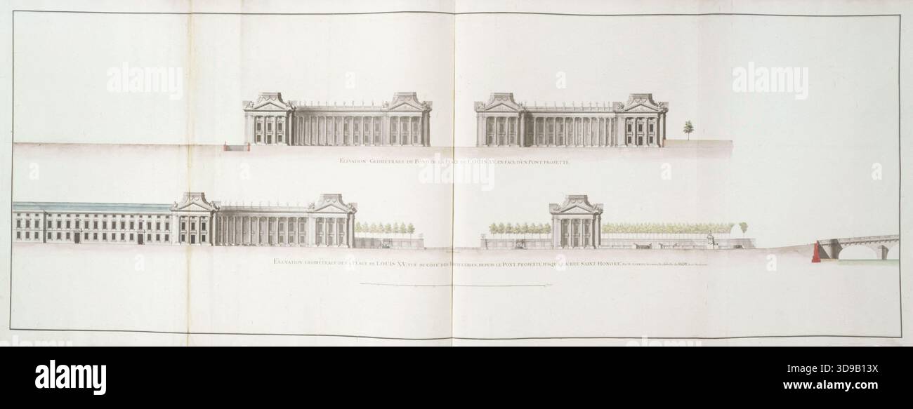 Marigny Collection: Geometrische Erhebung des Platzes Louis XV., Gabriel, Jacques Ange, Zeichner, Blondel, Jacques Francois, Zeichner, 1753, 18. Jahrhundert, Zeichnung, Grafik, Architektur - Stadtplanung, Architekturzeichnung, Stift (Grafik), Waschen, Abmessungen - Arbeit: Höhe: 64,4 cm, Breite: 167,1 cm Stockfoto