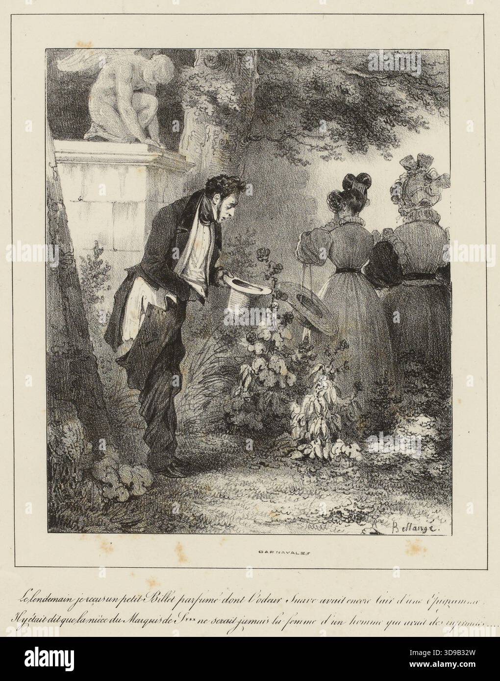 La Caricature (Journal) / am nächsten Tag erhielt ich eine kleine, duftende Note, deren süßer Duft noch die Luft eines Epigrams hatte. / Es hieß, dass die Nichte des Marquis de S*** niemals die Ehefrau eines Mannes sein würde, der Kredite hatte. / Nr. 25, Bellangé, Joseph-Louis-Hippolyte, Zeichner-Lithograph, Delaporte, Victor Hippolyte, Herausgeber, Aubert, Bellangé, Joseph-Louis-Hippolyte, Zeichner/Lithograph, Gihaut Frères, Verleger, Bösewicht, Jean-Francois, Drucker-Lithograph, zwischen 1830 und 1831, Druck, Grafik, Druck, Lithographie, Abmessungen – Arbeit: Höhe: 36 cm, Breite: 26,8 Stockfoto