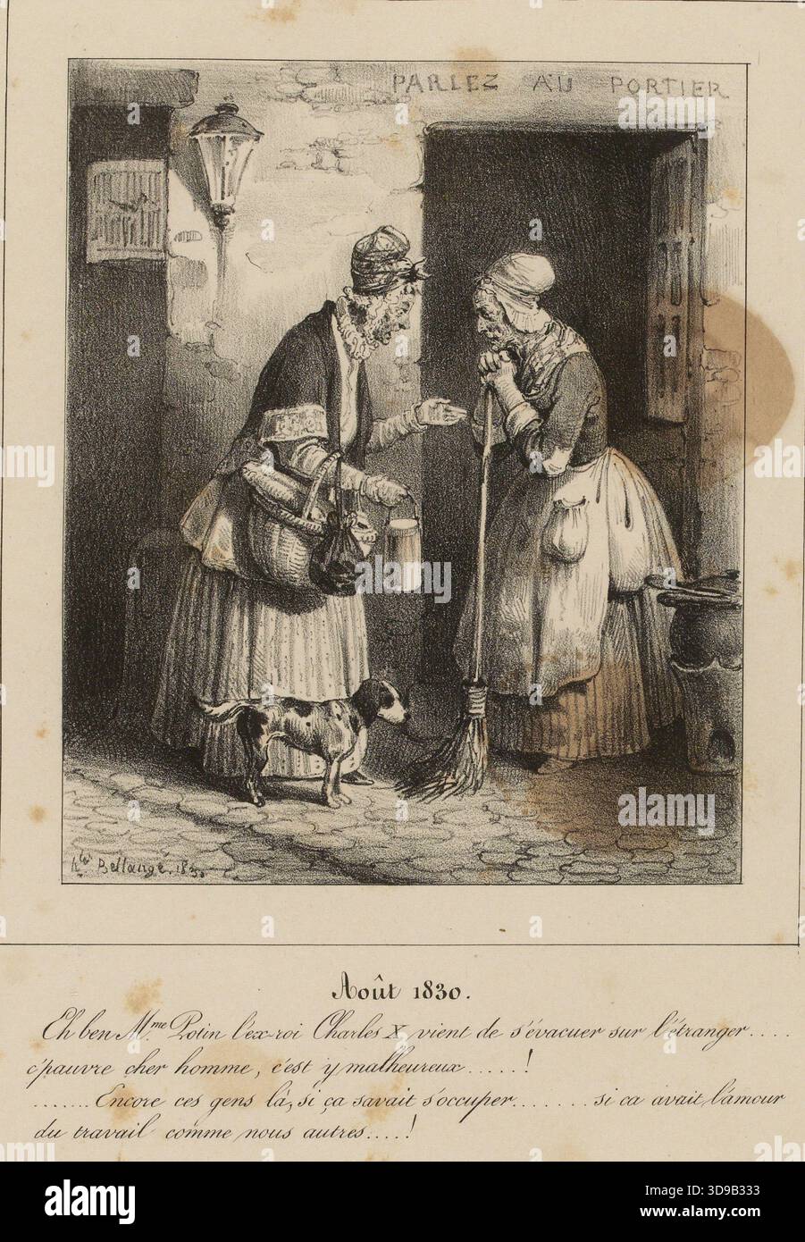 La Caricature (Zeitung) / August 1880. Mrs. Potin, der ehemalige König Charles X. ist gerade ins Ausland evakuiert. / Armer, lieber Mann, wie unglücklich...! Diese Leute, wenn sie nur wüssten, wie sie sich selbst beschäftigen... Wenn sie nur Liebe und Arbeit hätten wie wir... Bellangé, Joseph-Louis-Hippolyte, Zeichner-Lithograph, Delaporte, Victor Hippolyte, Herausgeber, Aubert, Bellangé, Joseph-Louis-Hippolyte, Zeichner/Lithograph, Gihaut Frères, Verleger, Bösewicht, Jean-Francois, Drucker-Lithograph, zwischen 1830 und 1831, Druck, Grafik, Druck, Lithographie, Abmessungen – Bildmaterial: Höhe: Stockfoto