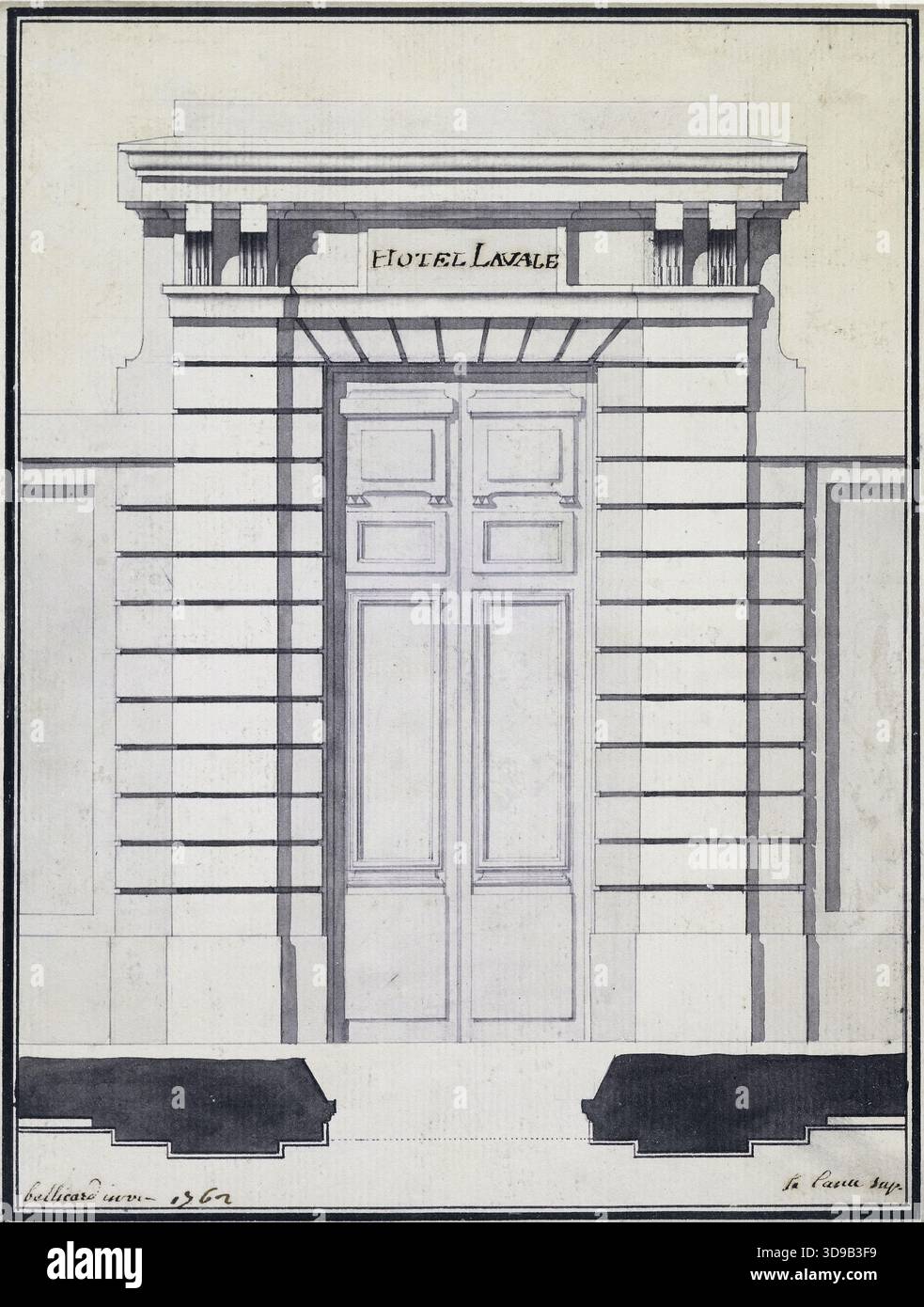 Tür zum Hôtel de Laval (wahrscheinlich der ehemalige Hôtel de Chateauneuf, Rue Coquillière 10). Bellicard, Jérôme-Charles, Zeichner, 1762, Zeichnung, Grafik, Zeichnung, Abmessungen - Kunstwerk: Höhe: 21,5 cm, Breite: 16,6 cm, Abmessungen - Museumsaufnahme: Höhe: 50 cm, Breite: 40 Stockfoto