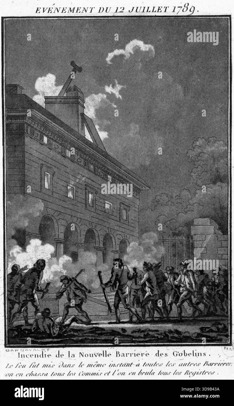 Ereignis vom 12. Juli 1789, Feuer am neuen Gobelins-Tor, Janinet, Jean-Francois, Graveur, Janinet, Jean-Francois, Verleger, 1790, zweite Hälfte des 18. Jahrhunderts, Druck, Grafik, Druck, Paris, Abmessungen - Bildgröße: Höhe: 12,9 cm, Breite: 8,9 cm, Abmessungen - Plattenmarke: Höhe: 20,3 cm, Breite: 13,7 cm, Abmessungen - Bildmaterial: Höhe: cm, Breite: cm, Abmessungen - Museumshalterung: Höhe: cm, Breite: Stockfoto