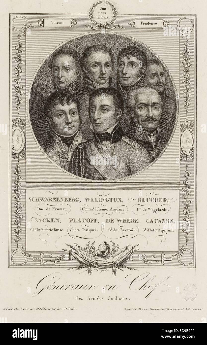 Oberbefehlshaber der alliierten Armeen, Legrand, Augustin Claude Simon, Graveur, Bance, Jacques Louis (Elder), Verleger, 1815, Print, Graphic Arts, Druck, Ätzen, Pointillismus (Gravur), Paris, Abmessungen - Bildmaterial: Höhe: 42,4 cm, Breite: 27,3 cm, Abmessungen - Befestigung: Höhe: 47 cm, Breite: 31,4 Stockfoto