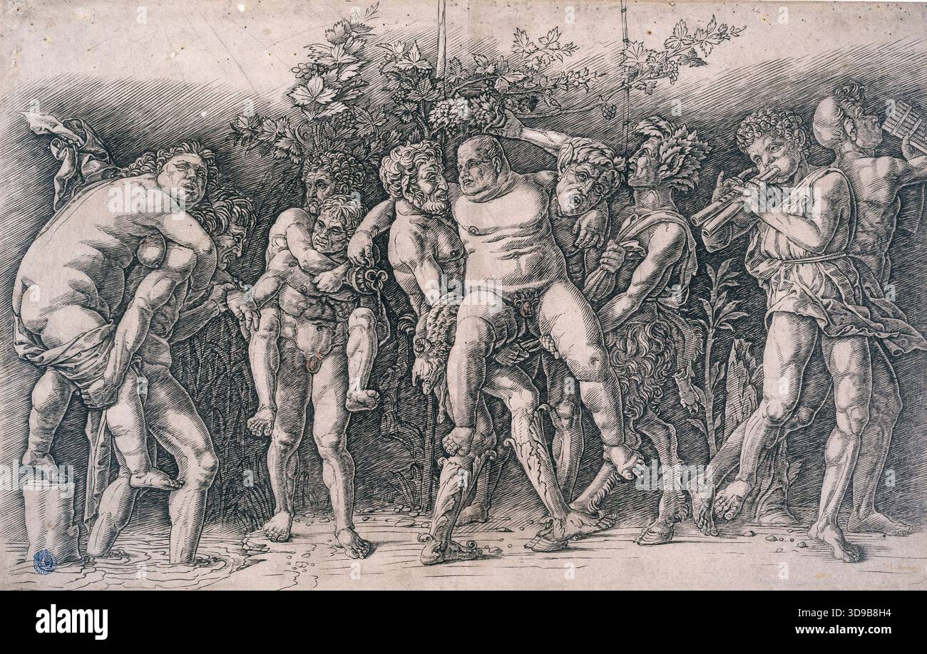 Bacchanal mit Silenus, Mantegna, Andrea, Engraver, Array, 15.-16. Jahrhundert, Druck, Grafik, Originaldruck, Gravur, Abmessungen – Arbeit: Höhe: 27,5 cm, Breite: 43 Stockfoto