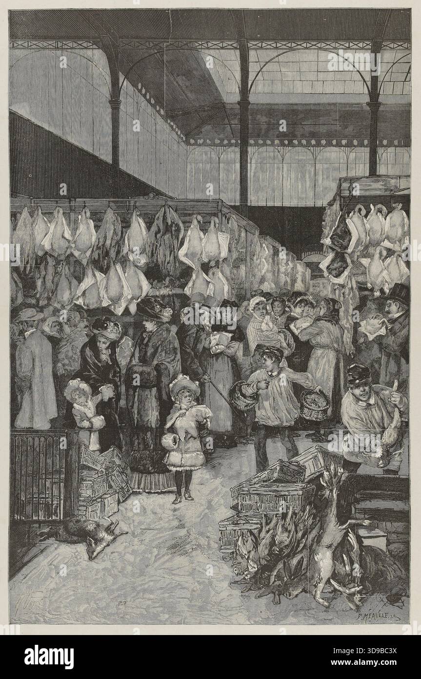 Paris-Les Halles Centrales während der Feiertage, Méaulle, Fortuné Louis, Gravierer, Vogel, Hermann, Zeichner, Le Monde illustré, Herausgeber, Array, Druck, Grafik, Druck, Abmessungen - Werk: Höhe: 51,2 cm, Breite: 37 Stockfoto