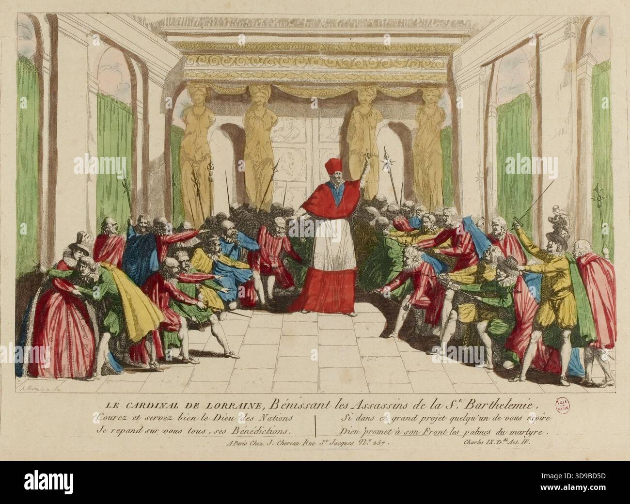 Der Kardinal von Lothringen segnet die Assassinen des Massakers zum Bartholomäus-Tag, Moitte, Alexandre, Graveur, Moitte, Alexandre, Zeichner, Chéreau, Verlag, Ca. 1778-1798, Druck, Grafik, Druck, Ätzen, Abmessungen - Bildmaterial: Höhe: 29 cm, Breite: 43,6 cm, Abmessungen - Befestigung: Höhe: 32,5 cm, Breite: 50 Stockfoto