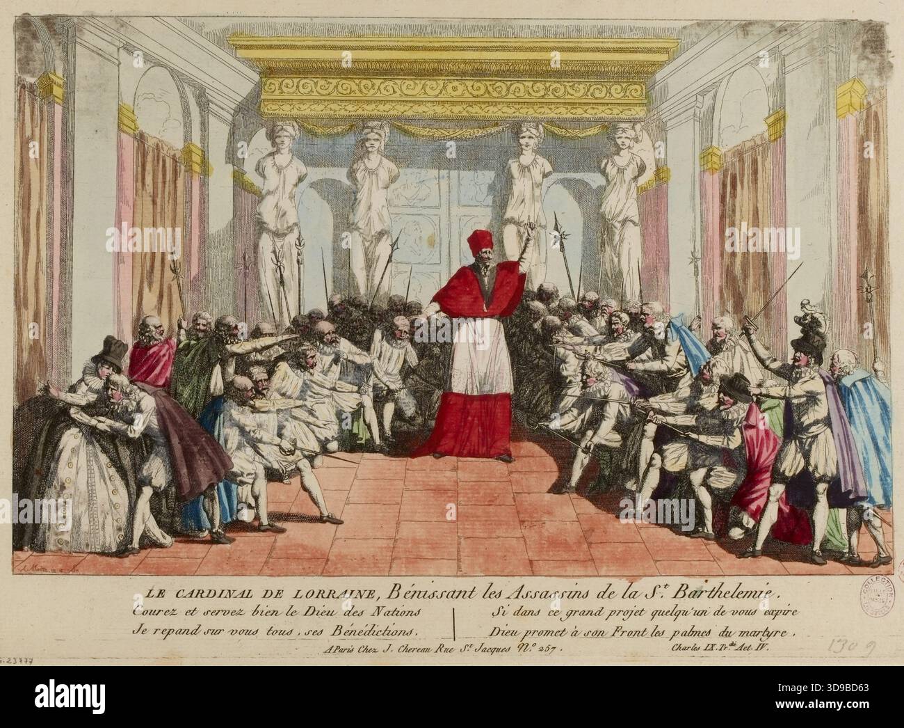Kardinal von Lothringen segnet die Assassinen des Bartholomäus-Massakers, Moitte, Alexandre, Graveur, Moitte, Alexandre, Zeichner, Chéreau, Verlag, Ca. 1778-1798, Druck, Grafik, Druck, Abmessungen - Bildmaterial: Höhe: 25 cm, Breite: 35,2 cm, Abmessungen - Alte Halterung: Höhe: 28 cm, Breite: 48 Stockfoto
