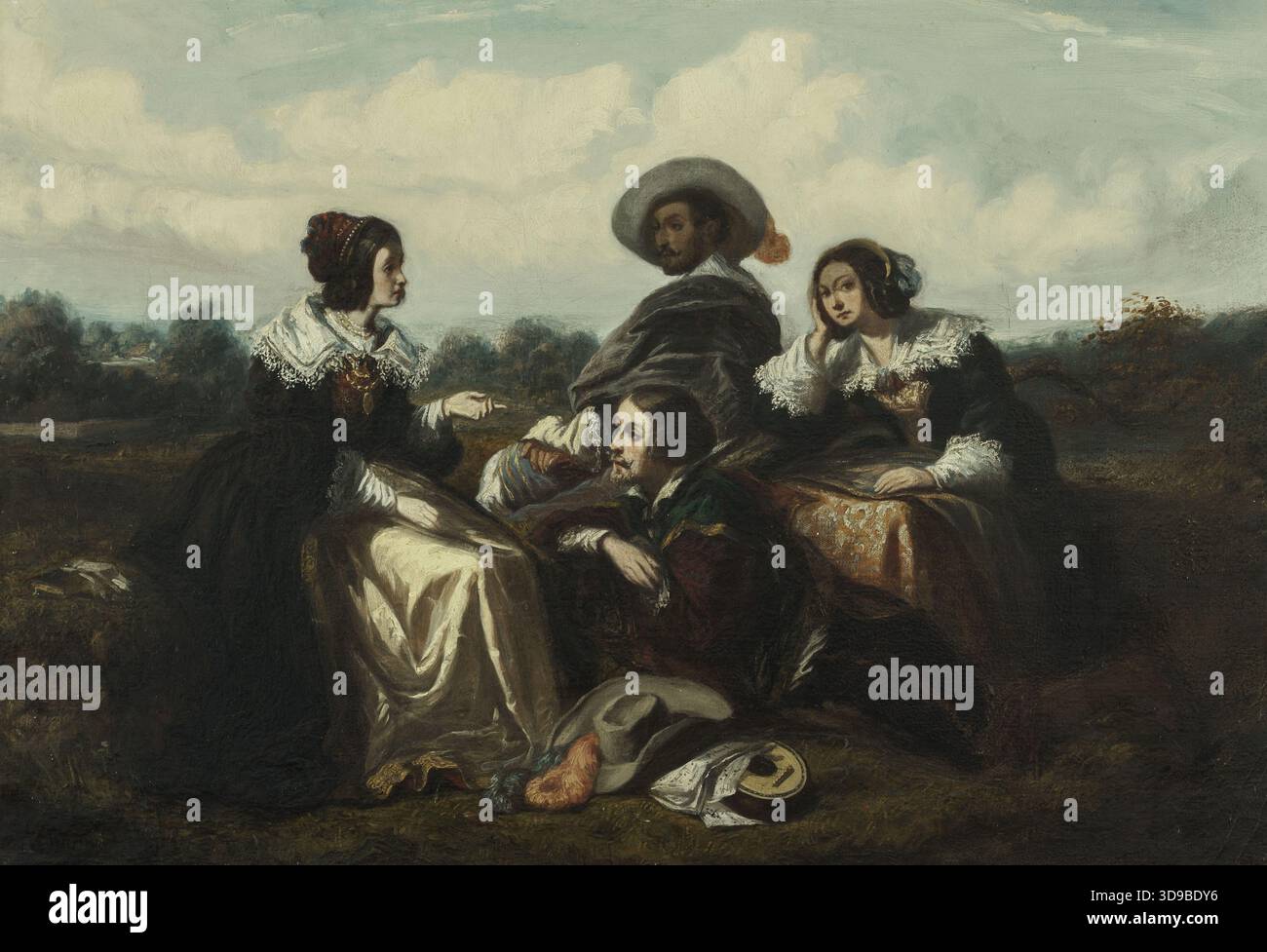 Die Geschichte. Figuren in Louis XIII. Kostüm, Morin, Gustave Francois, Maler, um 1830, 19. Jahrhundert, Malerei, Bild, Ölgemälde, Abmessungen - Kunstwerk: Höhe: 38 cm, Breite: 53,5 cm, Abmessungen - Rahmen: Höhe: 50 cm, Breite: 66 cm, Tiefe: 3,5 Stockfoto