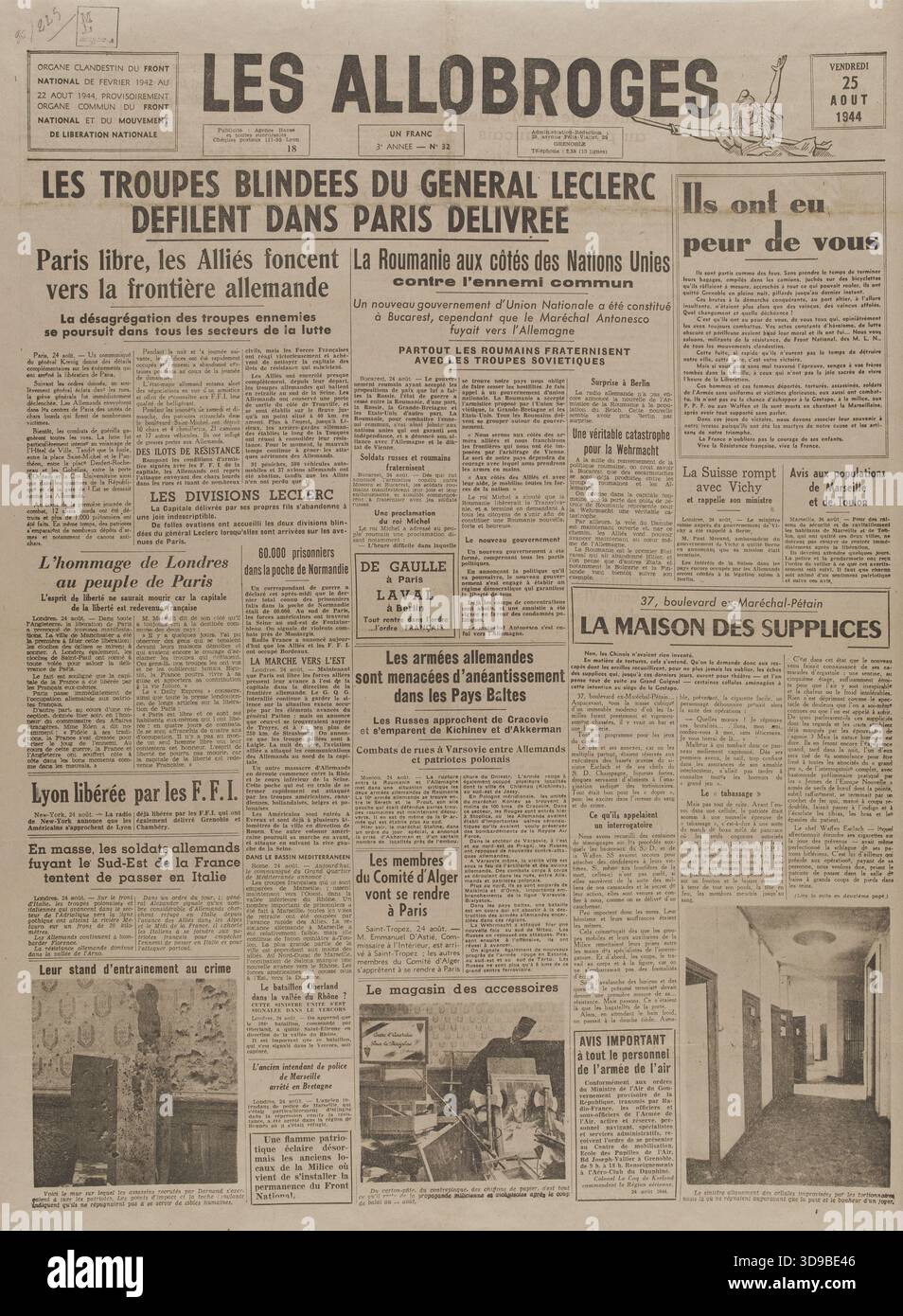 Zeitung 'Les Allobroges' vom 25. August 1944, nationale Befreiungsbewegung, nationale Front für die Befreiung und Unabhängigkeit Frankreichs, 25. August 1944, Mitte des 20. Jahrhunderts, Museum der Befreiung von Paris - General Leclerc Museum - Jean Moulin Museum, Militärleben = Militaria, Manuskripte, Drucksachen, Einband, Drucksachen, Drucksachen, periodisch, Papier, Typografie = Buchdruck, Grenoble, Grenoble, Abmessungen - Bildmaterial: Höhe: 58,5 cm, Breite: 42,5 Stockfoto