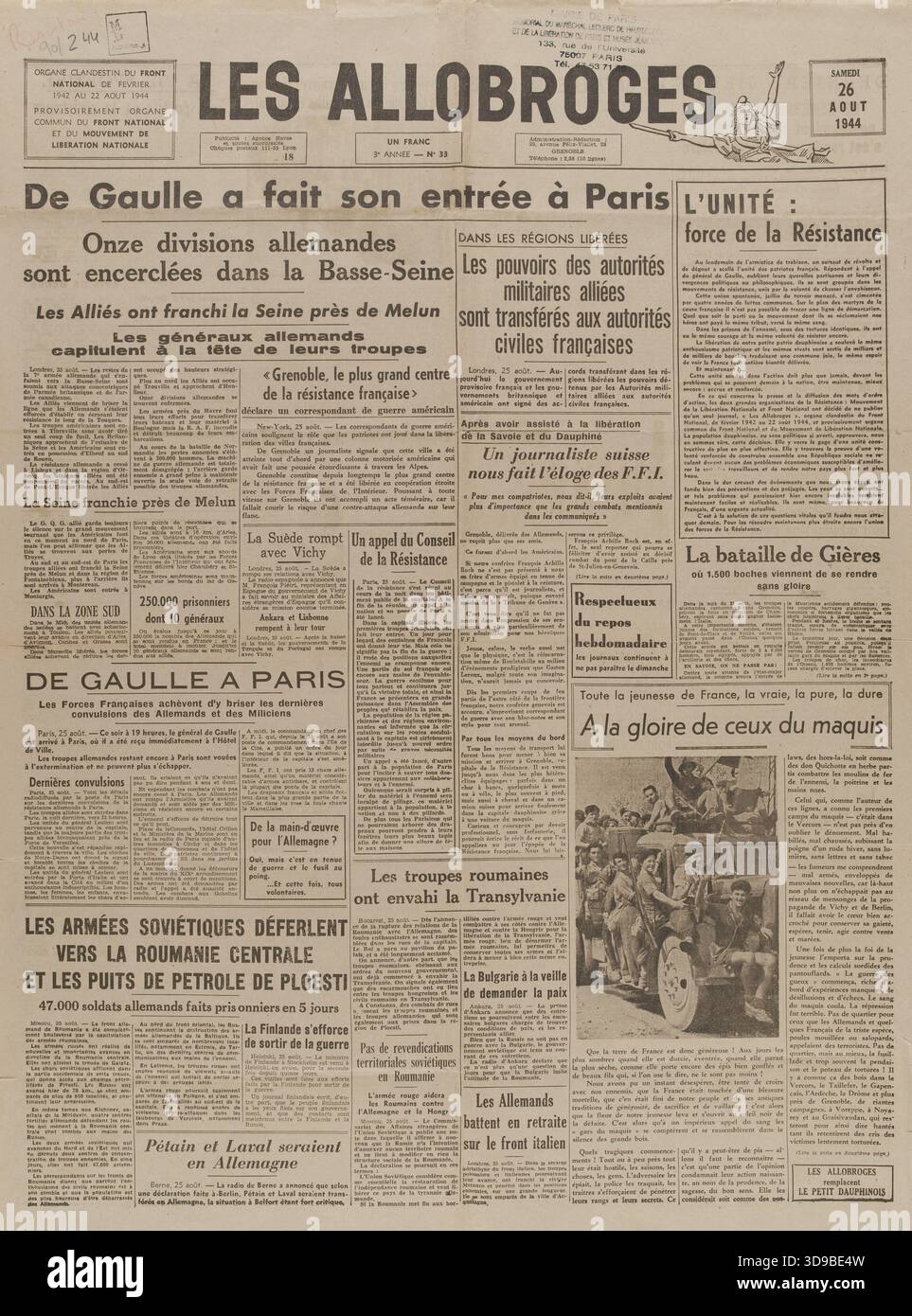 Zeitung 'Les Allobroges' vom 26. August 1944, nationale Befreiungsbewegung, nationale Front für die Befreiung und Unabhängigkeit Frankreichs, 26. August 1944, Mitte des 20. Jahrhunderts, Museum der Befreiung von Paris - General Leclerc Museum - Jean Moulin Museum, Militärleben = Militaria, Manuskripte, Drucksachen, Einband, Drucksachen, Drucksachen, periodisch, Papier, Typografie = Buchdruck, Abmessungen – Bildmaterial: Höhe: 58,5 cm, Breite: 42,5 Stockfoto