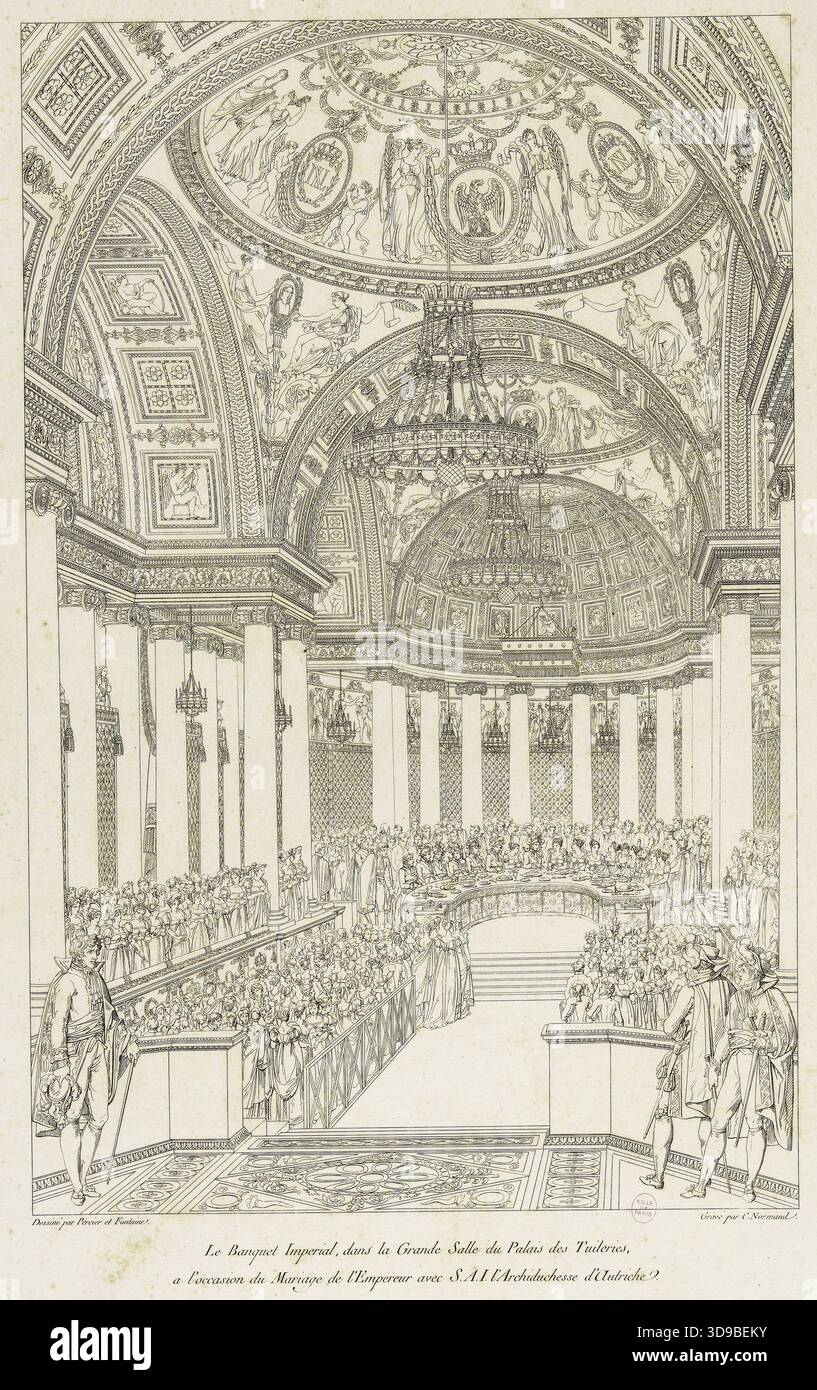 Das Reichsbankett im Großen Saal des Tuilerien-Palastes anlässlich der Heirat des Kaisers mit Ihrer Hoheit der Erzherzogin von Österreich. Kupferstecher: Charles Pierre Joseph Normand; Zeichner: Pierre-Francois-Léonard Fontaine; Zeichner: Charles Percier. Um 1810. Druck, Grafik, Ätzen. Abmessungen – Bild: Höhe: 48,9 cm, Breite: 31,6 cm. Abmessungen – Plattenmarkierung: Höhe: 43,5 cm, Breite: 28,5 Stockfoto