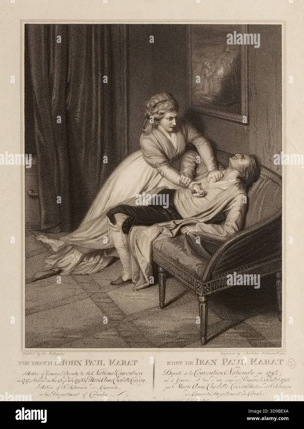 Ermordung von Jean-Paul Marat durch Charlotte Corday am 13. Juli 1793. Französische Revolution. Pellegrini, Domenico, Autor des Modells; Schiavonetti, Luigi, Gravierer; Colnaghi Sala Son et Cie, Verlag; ca. 1792-1794; Print, Graphic Arts, French Revolution, Druck, Ätzen; Abmessungen - Plattenmarke: Höhe: 39,3 cm, Breite: 30,9 cm; Abmessungen - Befestigung: Höhe: 50 cm, Breite: 32,5 Stockfoto