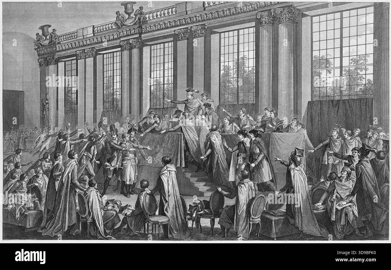 Tag von Saint-Cloud, 18 Brumaire, Jahr VIII (9. November 1799), Helman, Isidore-Stanislas, Gravierer, Monnet, Charles, Zeichner, Chardon, Drucker, Druck, Grafik, Druck, Ätzen, Abmessungen - Plattenmarke: Höhe: 34,6 cm, Breite: 47,6 cm, Abmessungen - Bildmaterial: Höhe: 44,8 cm, Breite: 63,1 Stockfoto