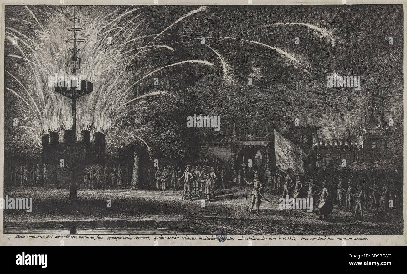 Eintritt einer adligen Persönlichkeit: Feuerwerk in Hemixen anlässlich des Besuchs des Grafen und Gräfin von Thurn und Tassis bei Alexander-Balthazar Roelants in seiner Sommerresidenz südlich von Antwerpen. Kupferstecher: Václav Hollar, Deutsche Schule, 17. Jahrhundert. Druck, Grafik, Originaldruck, Ätzen. Abmessungen: Höhe: 24,7 cm, Breite: 40,7 Stockfoto
