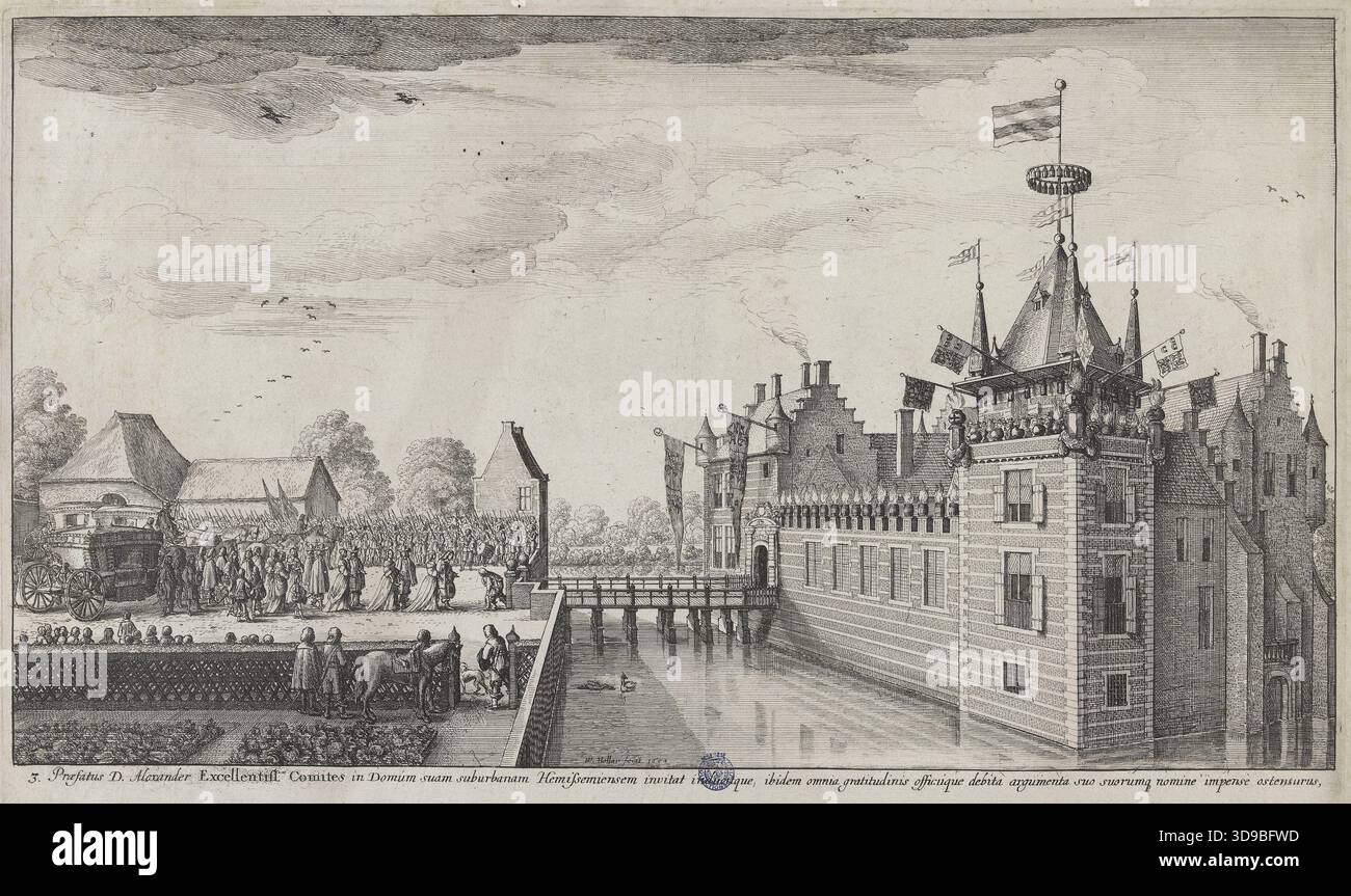 Eintritt einer edlen Persönlichkeit: Besuch des Grafen und der Gräfin von Thurn und Tassis bei Alexander-Balthazar Roelants in seiner Sommerresidenz in Hemixen, südlich von Antwerpen. Kupferstecher: Václav Hollar, Deutsche Schule, 17. Jahrhundert. Druck, Grafik, Originaldruck, Ätzen. Abmessungen: Höhe: 25 cm, Breite: 41,5 Stockfoto