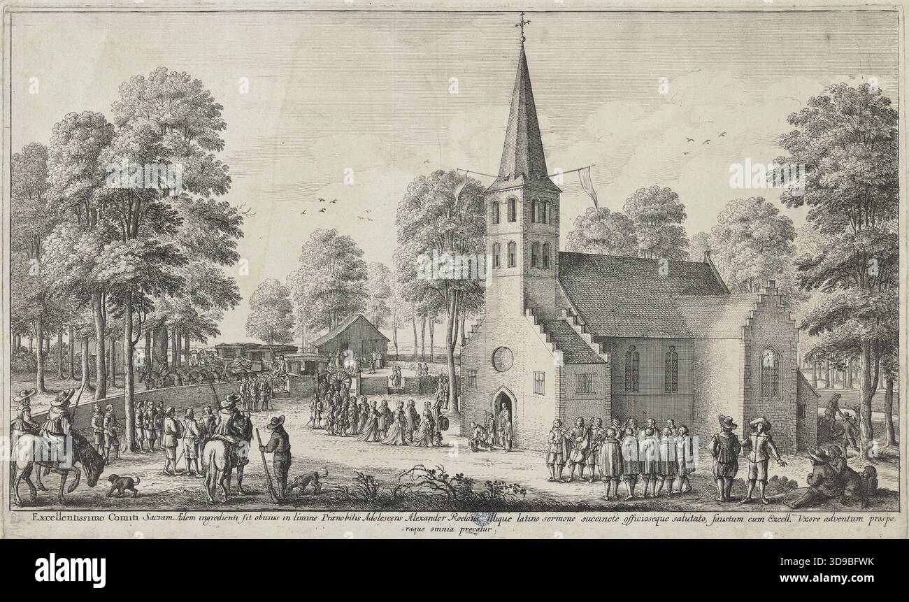 Eintritt einer edlen Persönlichkeit: Besuch des Grafen und der Gräfin von Thurn und Tassis bei Alexander-Balthazar Roelants in seiner Sommerresidenz in Hemixen, südlich von Antwerpen. Kupferstecher: Václav Hollar, Deutsche Schule, 17. Jahrhundert. Druck, Grafik, Originaldruck, Ätzen. Abmessungen: Höhe: 25 cm, Breite: 41,5 Stockfoto