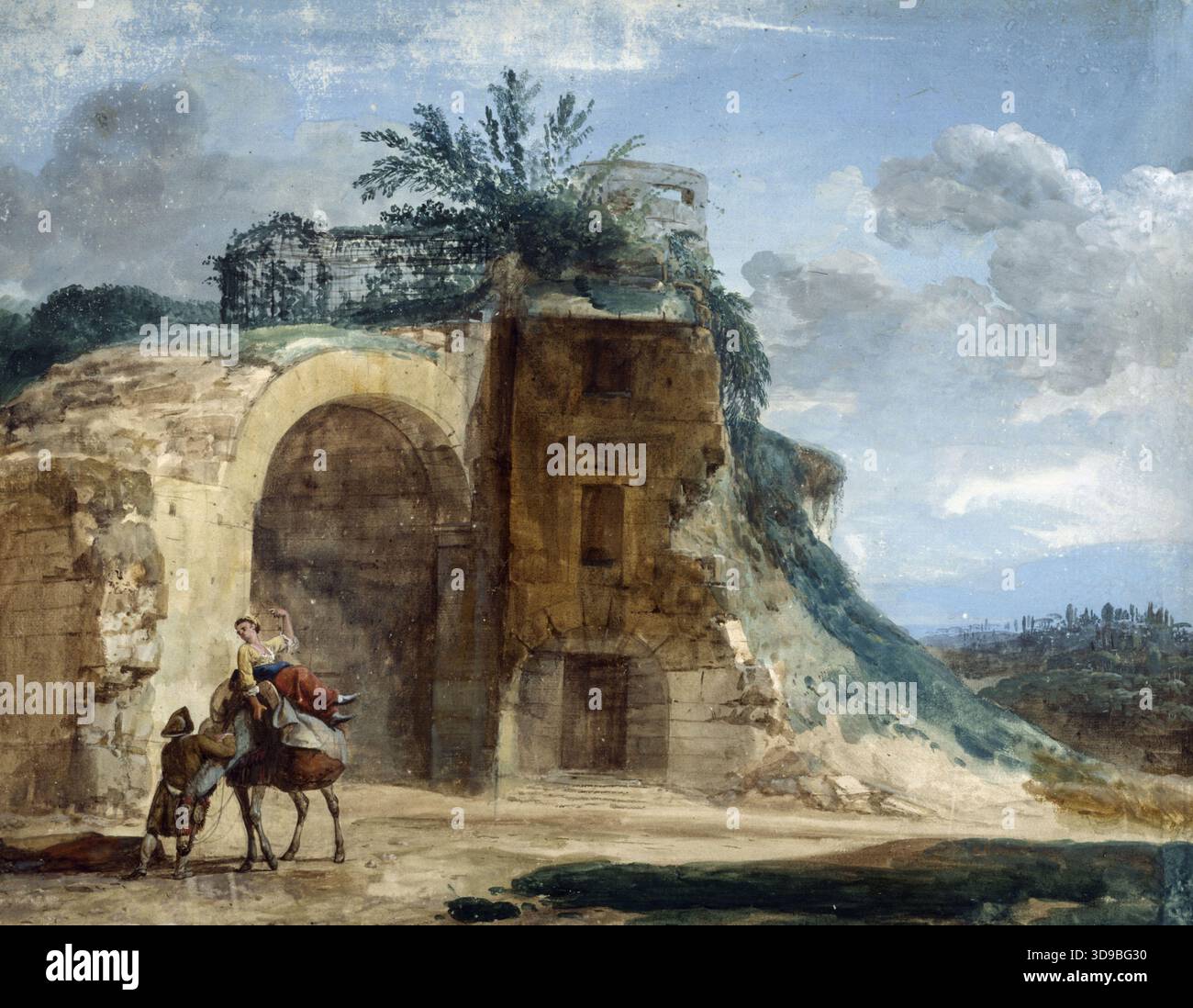 Landschaft der antiken Ruinen mit Figuren, Houel, Jean, Zeichner, um 1778, 18. Jahrhundert, Zeichnen, Grafik, Zeichnen, Tinte, Aquarell, Gouache, Papier, Abmessungen - Bildmaterial: Höhe: 42,5 cm, Breite: 54,5 cm, Abmessungen - Rahmen: Höhe: 59,6 cm, Breite: 72,5 Stockfoto