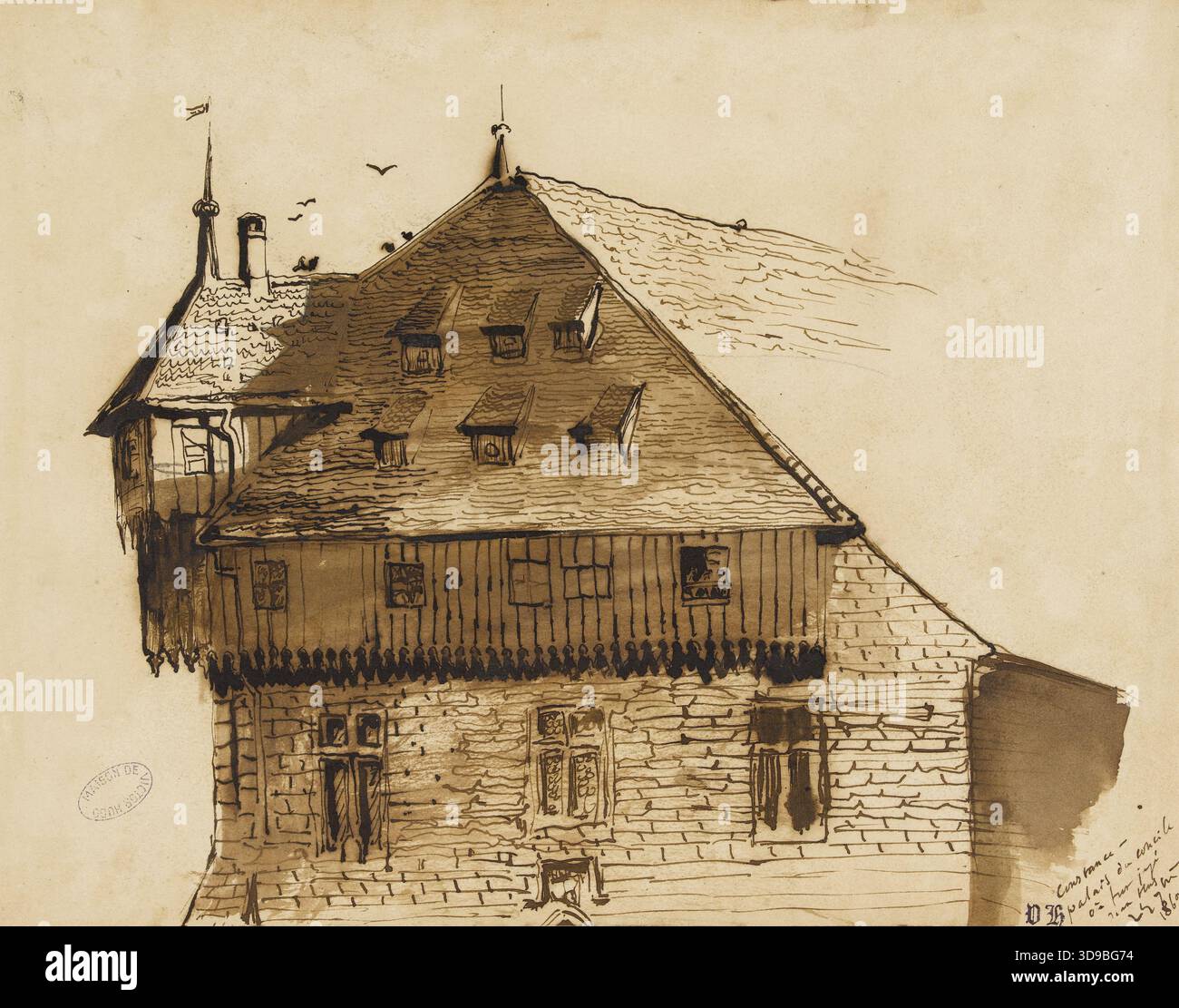 „Konstanz. Palace of the Council, wo Jan Hus vor Gericht gestellt wurde, Victor Hugo, Zeichner, 25. September 1869, drittes Viertel des 19. Jahrhunderts, Victor Hugo's House - Hauteville House, Graphic Arts, Zeichnen, Pen (Graphic Arts), Wash, Bleistift, Papier, Abmessungen - Kunstwerk: Höhe: 23 cm, Breite: 29,6 cm, Abmessungen - Museumsbefestigung: Höhe: 38 cm, Breite: 53 Stockfoto