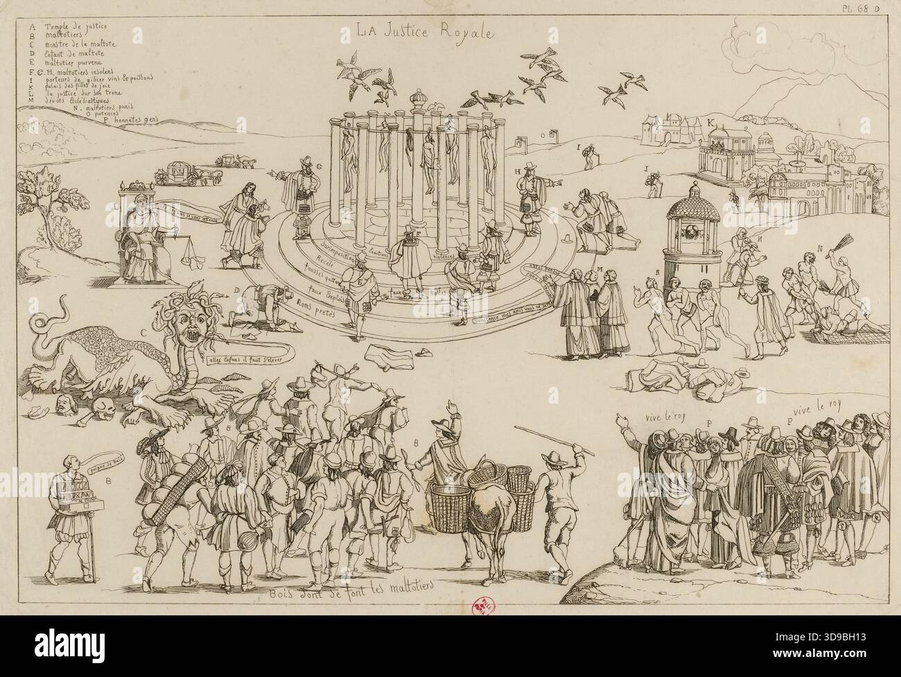 Karikatur und Allegorie der Königlichen Justiz (Ende 1789), Steuereintreiber, Geistliche, verurteilt. Platte 68 D aus dem Musée de la caricature, Delloye, 1838. Ereignis der Französischen Revolution. Kupferstecher: Ernest Jaime; Herausgeber: Henri-Louis Delloye; Um 1833–1843; Druck, Grafik, French Revolution; Abmessungen – Bildmaterial: Höhe: 28,5 cm, Breite: 38,4 cm; Abmessungen – Befestigung: Höhe: 32,5 cm, Breite: 50 Stockfoto