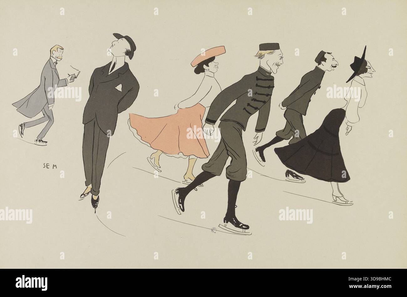 Weißes Album mit orangefarbenem Stempel: The Ice Rink, SEM (Georges Goursat, bekannt als), Zeichner-Lithograph, Array, Druck, Grafik, Abmessungen - Bildmaterial: Höhe: 36 cm, Breite: 52 Stockfoto