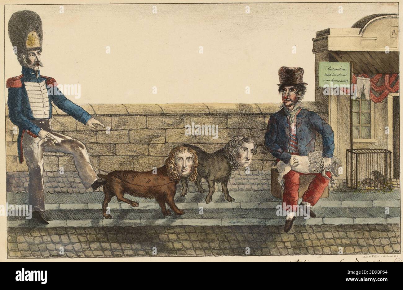 Drei Liards pro Bestie / oder / der liberale Wigmaker. Bösewicht, Jean-Francois, Drucker-Lithograph, de Sèvres, R., Drucker-Lithograph, ca. 1822, Druck, Grafik, drucken, Lithografie, farbig, Abmessungen - Bildmaterial: Höhe: 29,2 cm, Breite: 49,7 cm, Abmessungen - Befestigung: Höhe: 32,3 cm, Breite: 47,7 Stockfoto