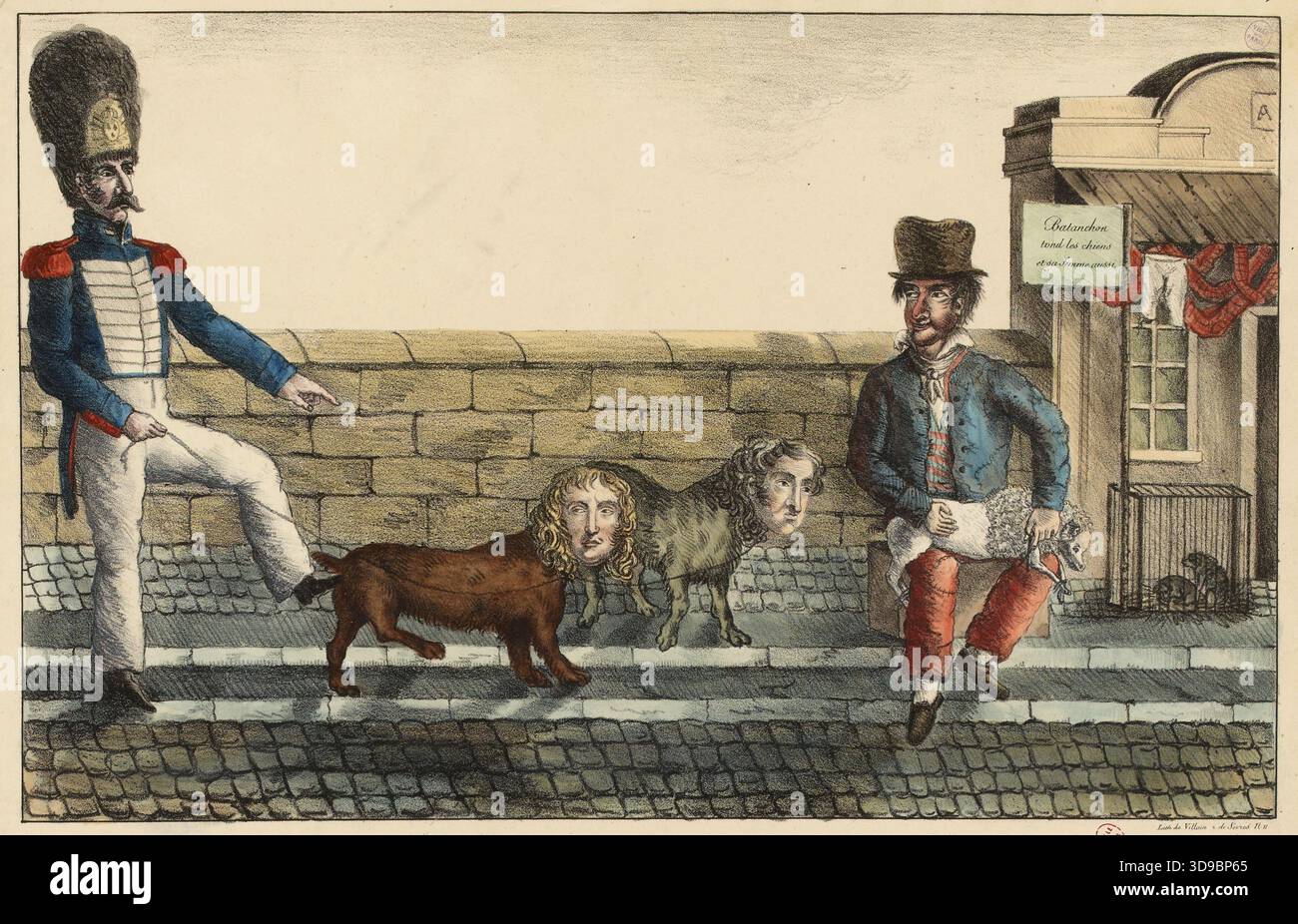 Drei Liards pro Bestie / oder / der liberale Wigmaker. Bösewicht, Jean-Francois, Drucker-Lithograph, de Sèvres, R., Drucker-Lithograph, ca. 1822, Druck, Grafik, drucken, Lithografie, farbig, Abmessungen - Bildmaterial: Höhe: 29,2 cm, Breite: 49,7 cm, Abmessungen - Befestigung: Höhe: 32,3 cm, Breite: 47,7 Stockfoto