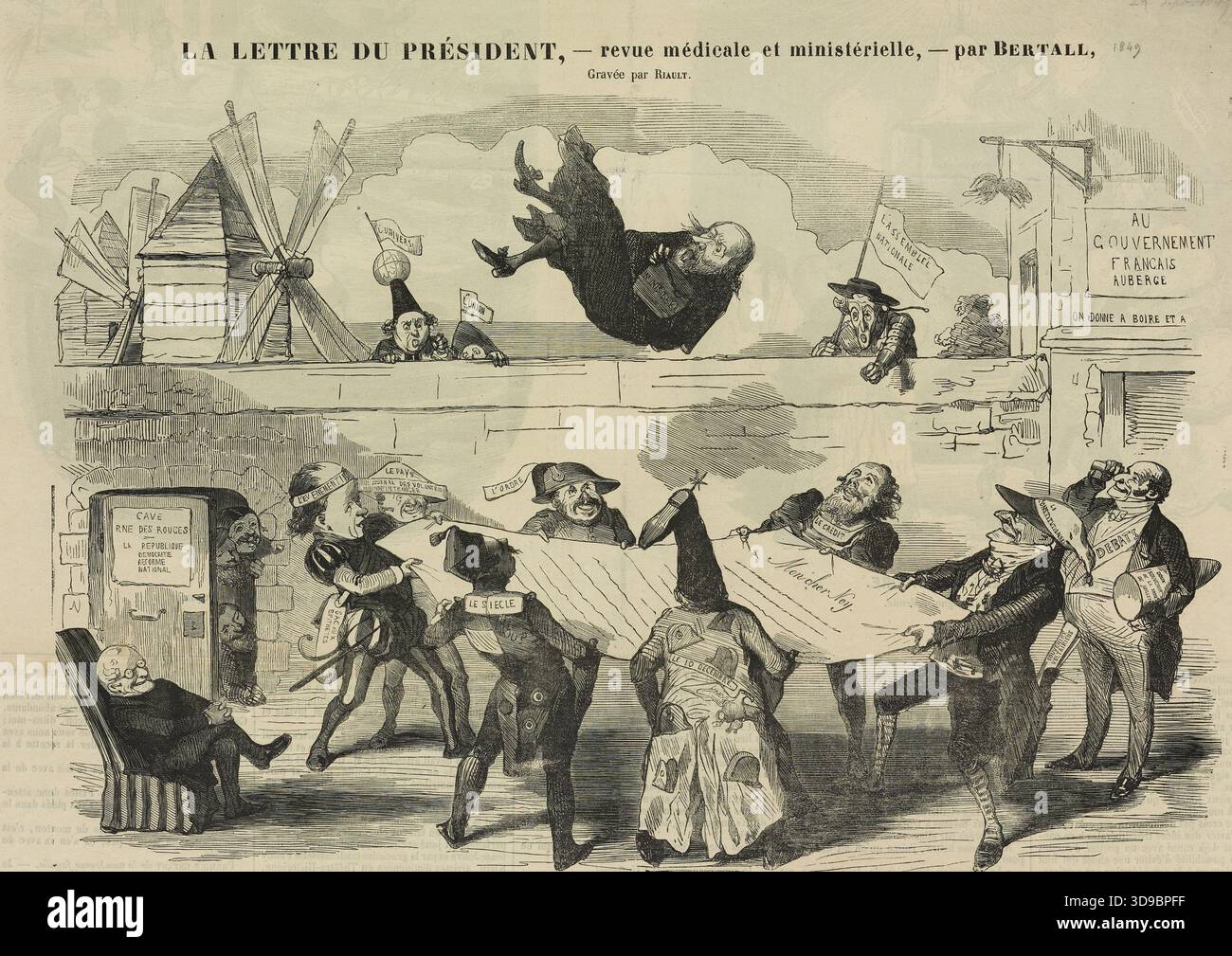 Schreiben des Präsidenten - ärztliche und ministerielle Überprüfung, Riault, Paul, Gravierer, Bertall (Albert d'Arnoux, bekannt als), Autor des Modells, Le Journal pour rire, Verlag, 1849, 2. Viertel des 19. Jahrhunderts, Victor Hugo's House - Hauteville House, Druck, Manuskripte, Drucksachen, Einband, Grafik, Periodische Illustration, Holzgravur, Abmessungen - Kunstwerk: Höhe: 32 cm, Breite: 39,8 cm, Abmessungen - Museumsaufnahme: Höhe: 38 cm, Breite: 53 Stockfoto