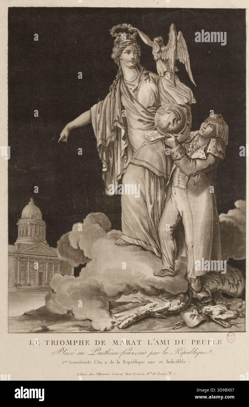 Der Triumph von Marat, Freund des Volkes - im französischen Pantheon von der Republik platziert - 5. Sanculitis, Jahr 2 der Einen und unteilbaren Republik, Villeneuve, Gravierer, 1794, Print, Grafik, Französische Revolution, Druck, Aquatint, Abmessungen - Bildmaterial: Höhe: 33,6 cm, Breite: 24,1 cm, Abmessungen - Befestigung: Höhe: 50 cm, Breite: 32,5 Stockfoto