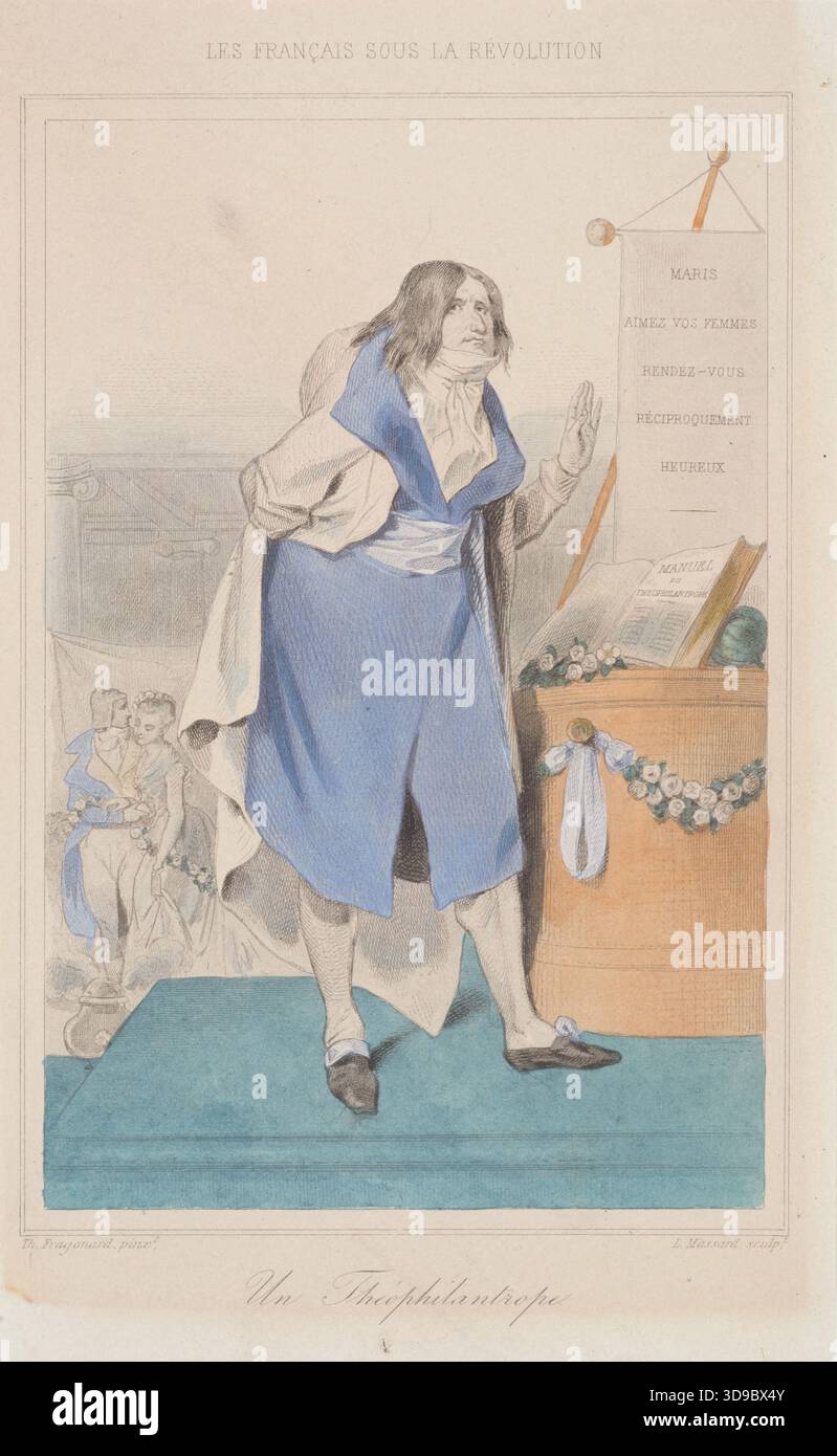 Die Franzosen während der Revolution. / Ein Theophilanthropist., Fragonard, Théophile, Zeichner, Massard, Léopold, Gravierer, Challamel, Augustin, Verleger, Array, Druck, Grafik, Französische Revolution, Druck, Ätzen, farbig, Abmessungen - Bildmaterial: Höhe: 20,6 cm, Breite: 12,6 cm, Abmessungen - Alte Halterung: Höhe: 50 cm, Breite: 32,5 Stockfoto