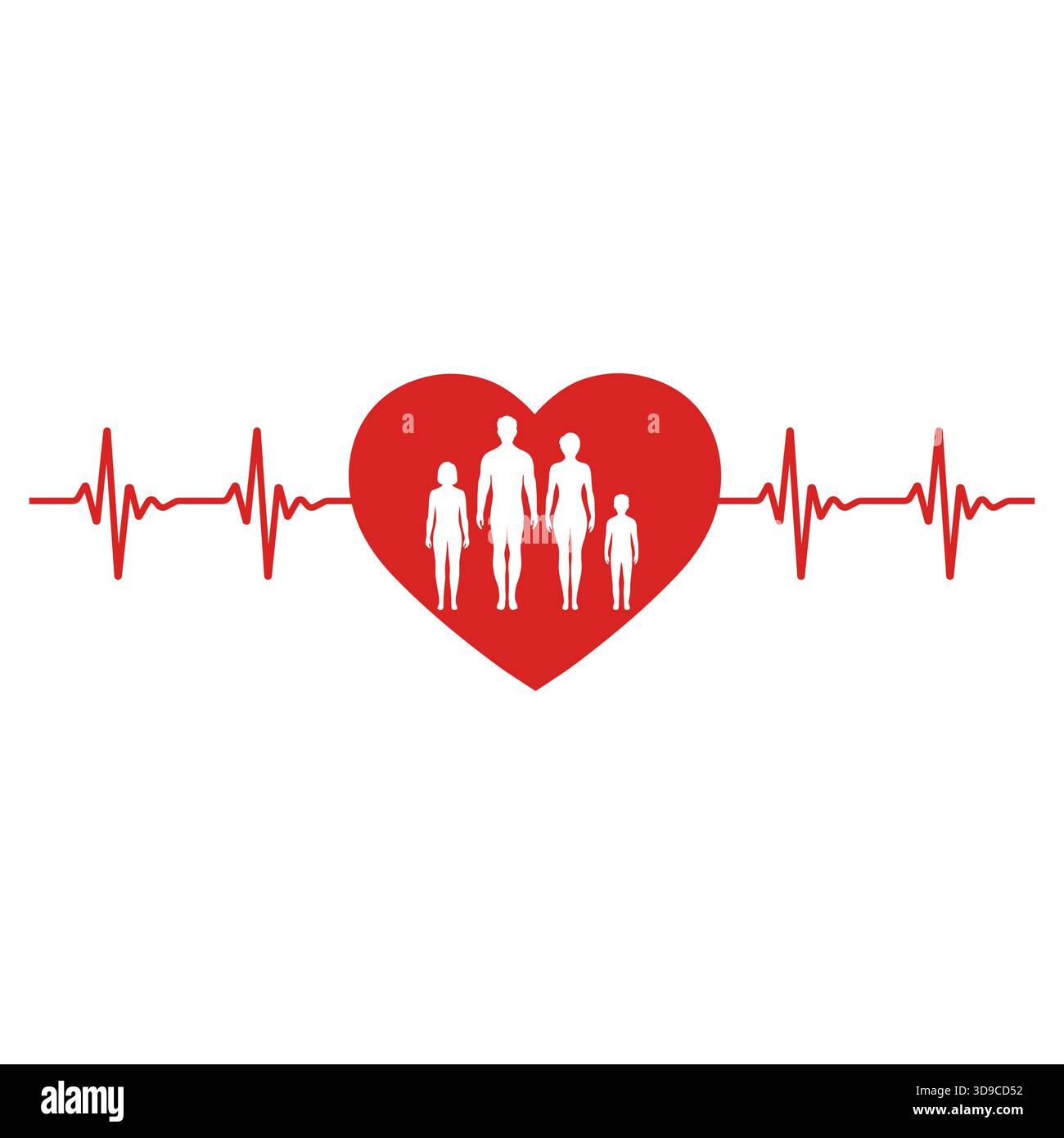 Illustration World Heart Day Konzept, Familie hält Hände mit Herzschlag. Medizinisches Design auf weißem Hintergrund. Stock Vektor