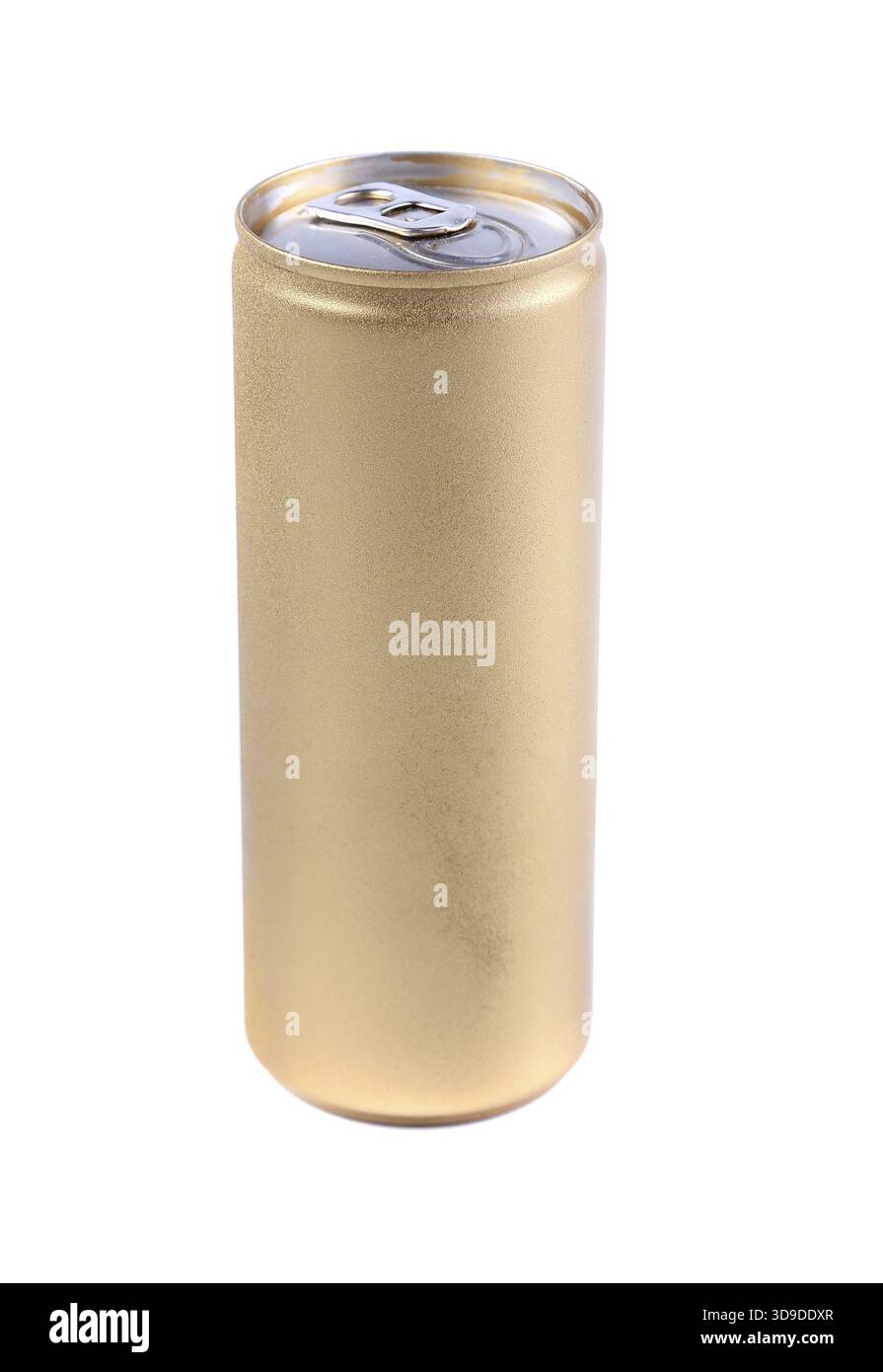 Aluminium-Rohlinge und goldene Soda-Dosen. Weißer Hintergrund Stockfoto