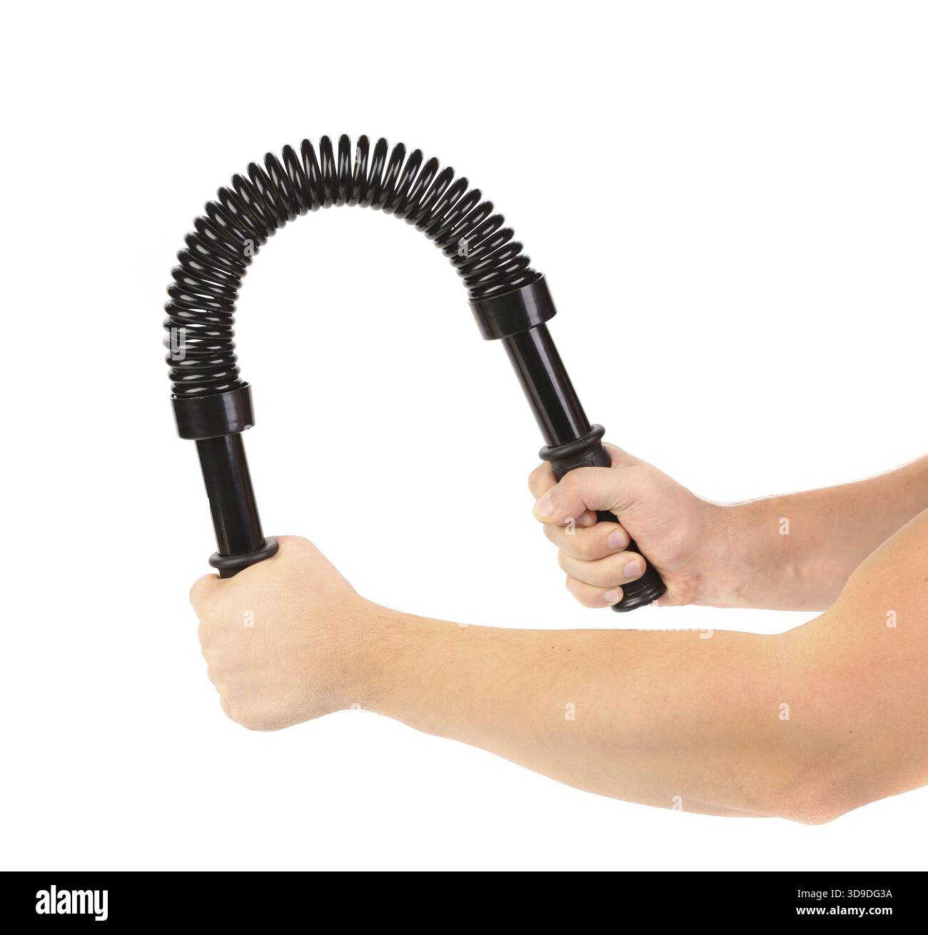Die Hände biegen den Stahlspreizer. Isoliert auf weißem Hintergrund Stockfoto