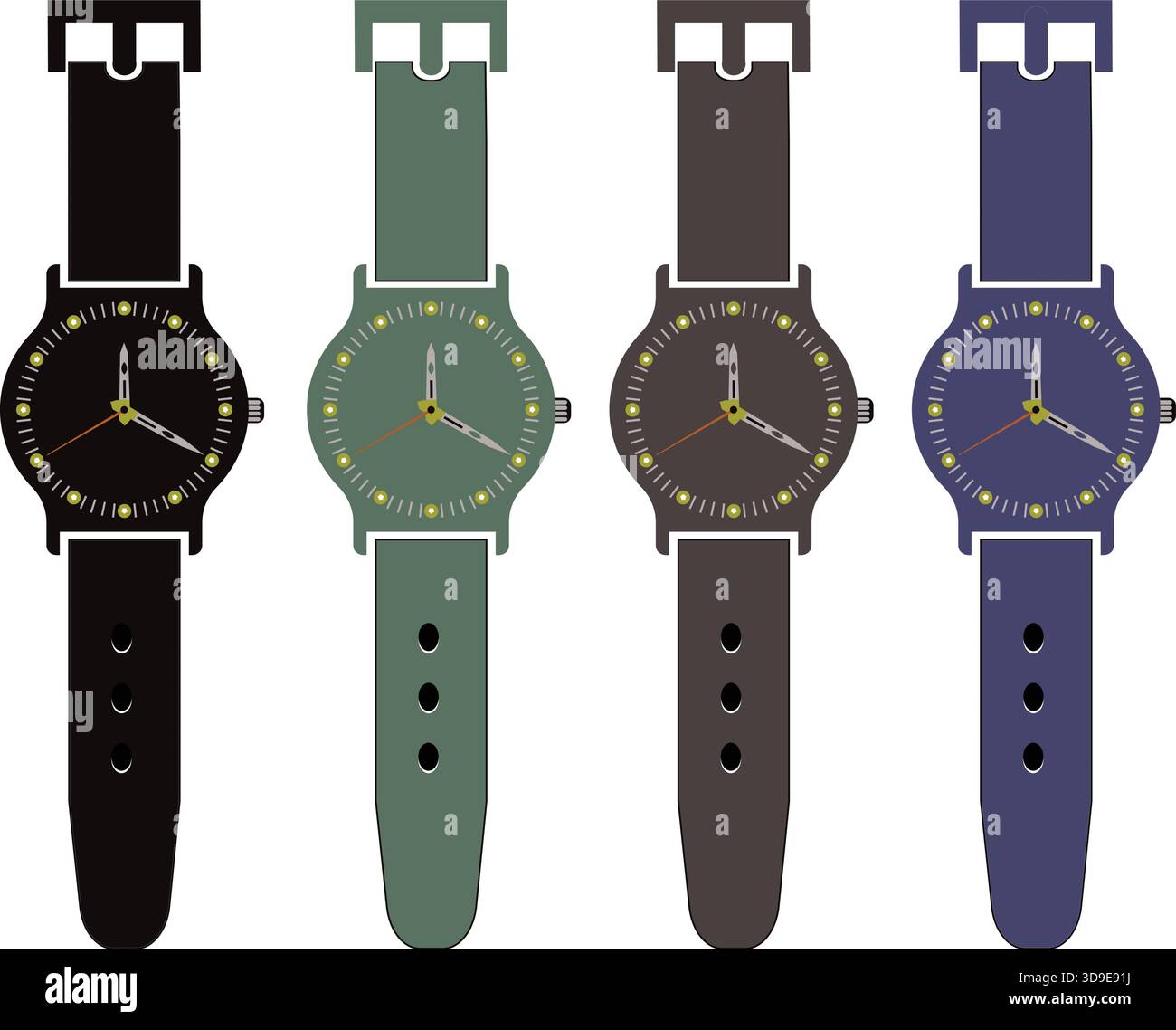 'Set von 4 modernen Handgelenkuhr Icons in verschiedenen Farben flache Vektor Illustration isoliert' Stock Vektor