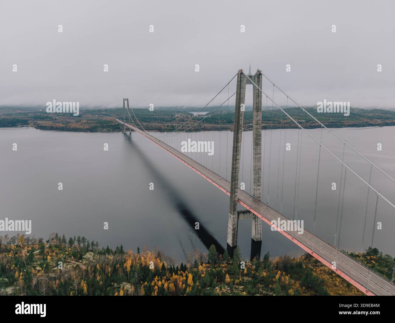 Aus der Vogelperspektive der Höga-Kusten-Brücke, die einen langen Schatten über dem stillen, dunklen Wasser wirft, umgeben von herbstlichen Wäldern unter einem nebeligen Himmel, Sandoverken, Va Stockfoto