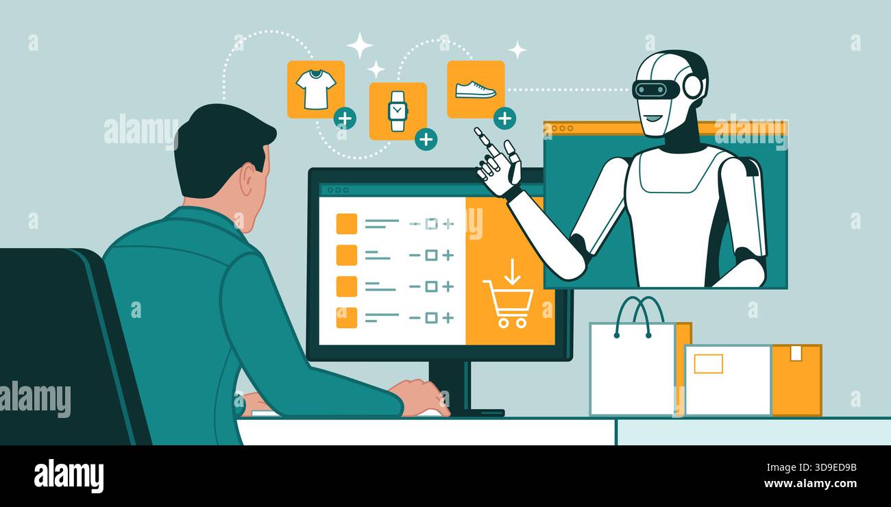 Benutzer, die auf seinem Computer online einkaufen, hilft ihm ein KI-Agent bei der Bestellung von Produkten Stock Vektor