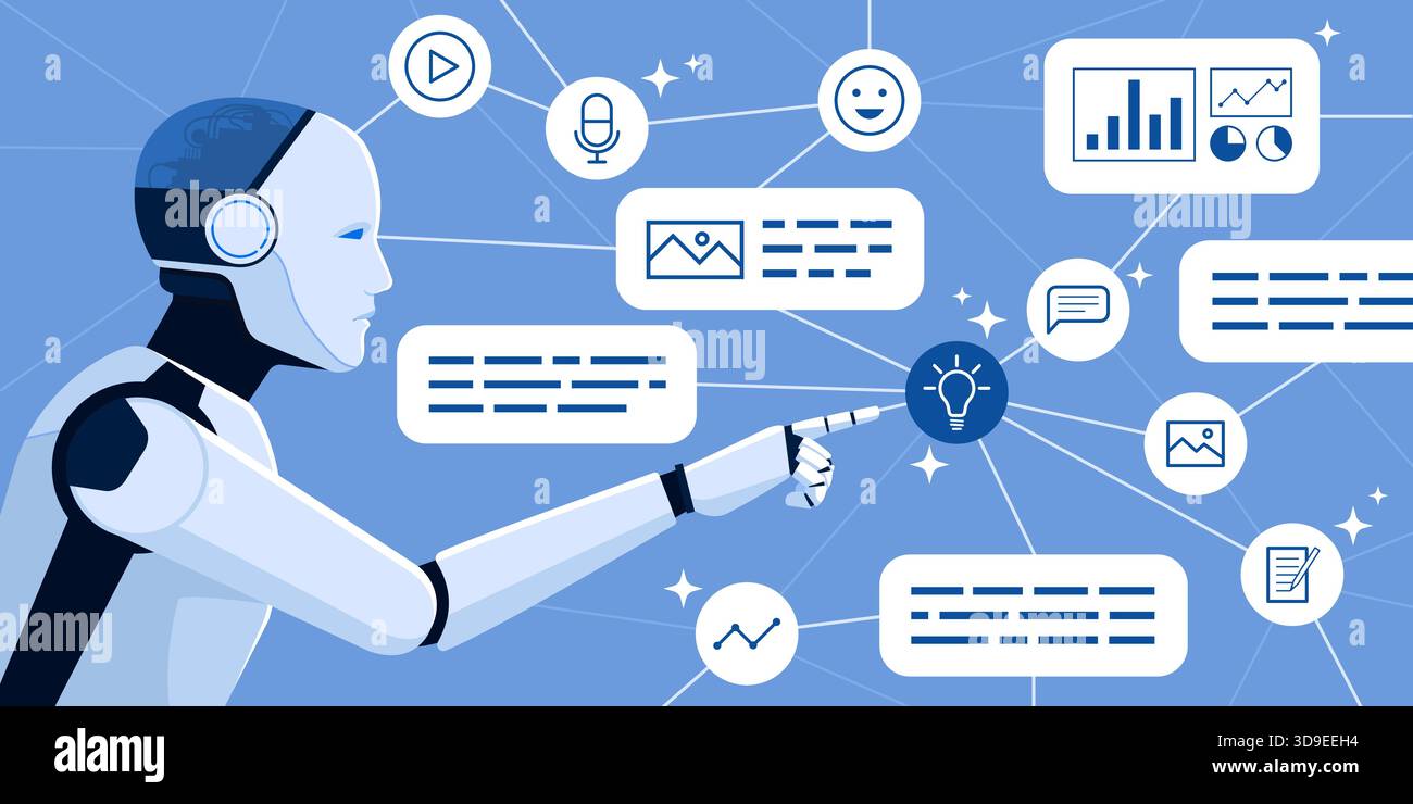 KI-Roboter, der Inhalte generiert und neue Ideen entwickelt, generatives KI-Konzept Stock Vektor