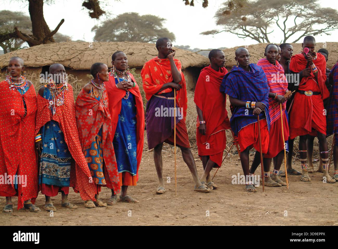 Masai Mara, Kenia - 23. August 2010: Gruppe unbekannter afrikanischer Männer und Frauen aus dem Masai-Stamm in mehrfarbigen Baumwollkleidern und Perlen-Schmuck in A Stockfoto