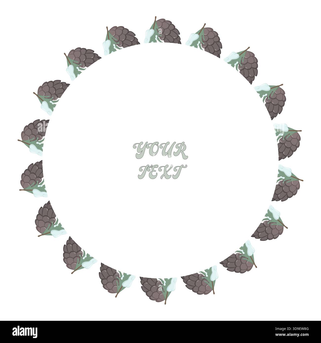 Kreisförmiger Rahmen aus Tannenzapfen und Blättern, der symmetrisch um einen zentralen bearbeitbaren Textbereich angeordnet ist. Minimales Design mit Naturmotiven Stockfoto