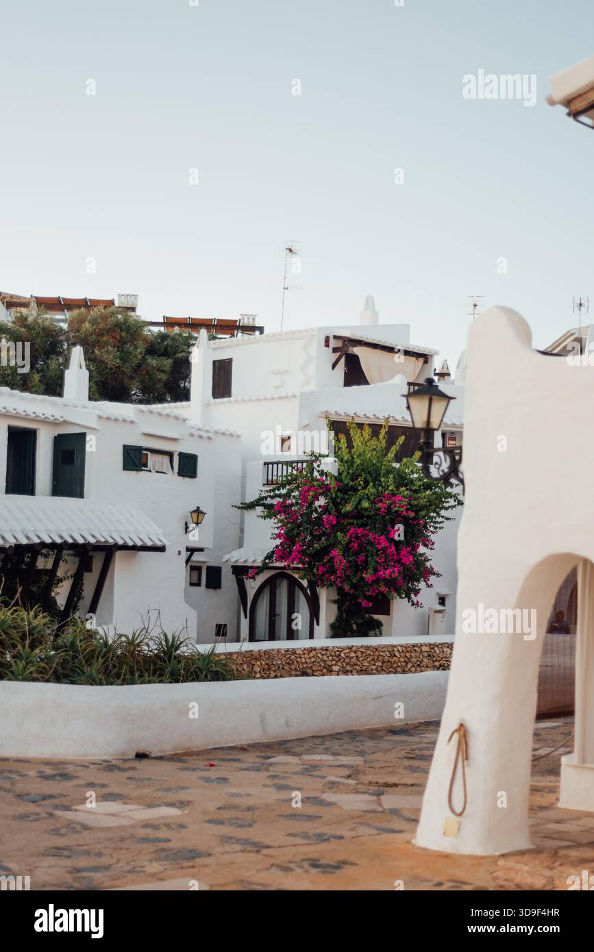 Weiße Häuser und Bougainvillea in Binibeca Vell, Menorca Stockfoto