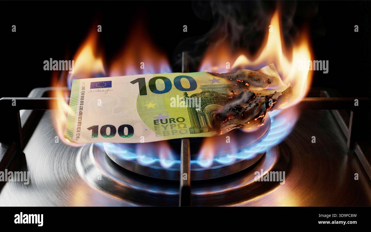 Euro-Banknote auf Gasherd in Flammen Stockfoto