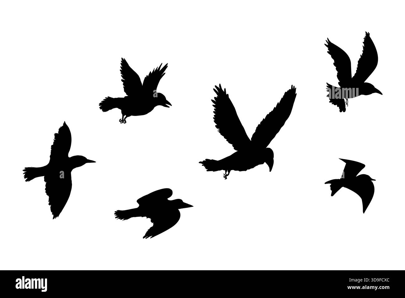 Fliegende Vogelschwärme Silhouette, einfache Schwalben im Flug, Krähen am Himmel. Gruppe von Vögeln Grenze. Vektorabbildung Stock Vektor