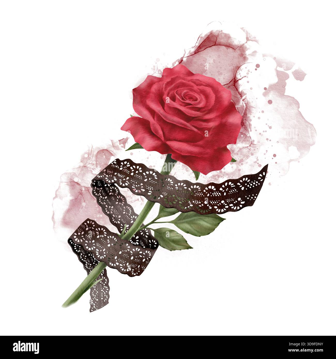 Leidenschaftliche rote Rose mit Stiel und Blättern, verschlungen mit durchbrochenem braunem Spitzenband, Aquarellspritzern. Verbindet spanische Leidenschaft mit Rock Edge für Musik Stockfoto