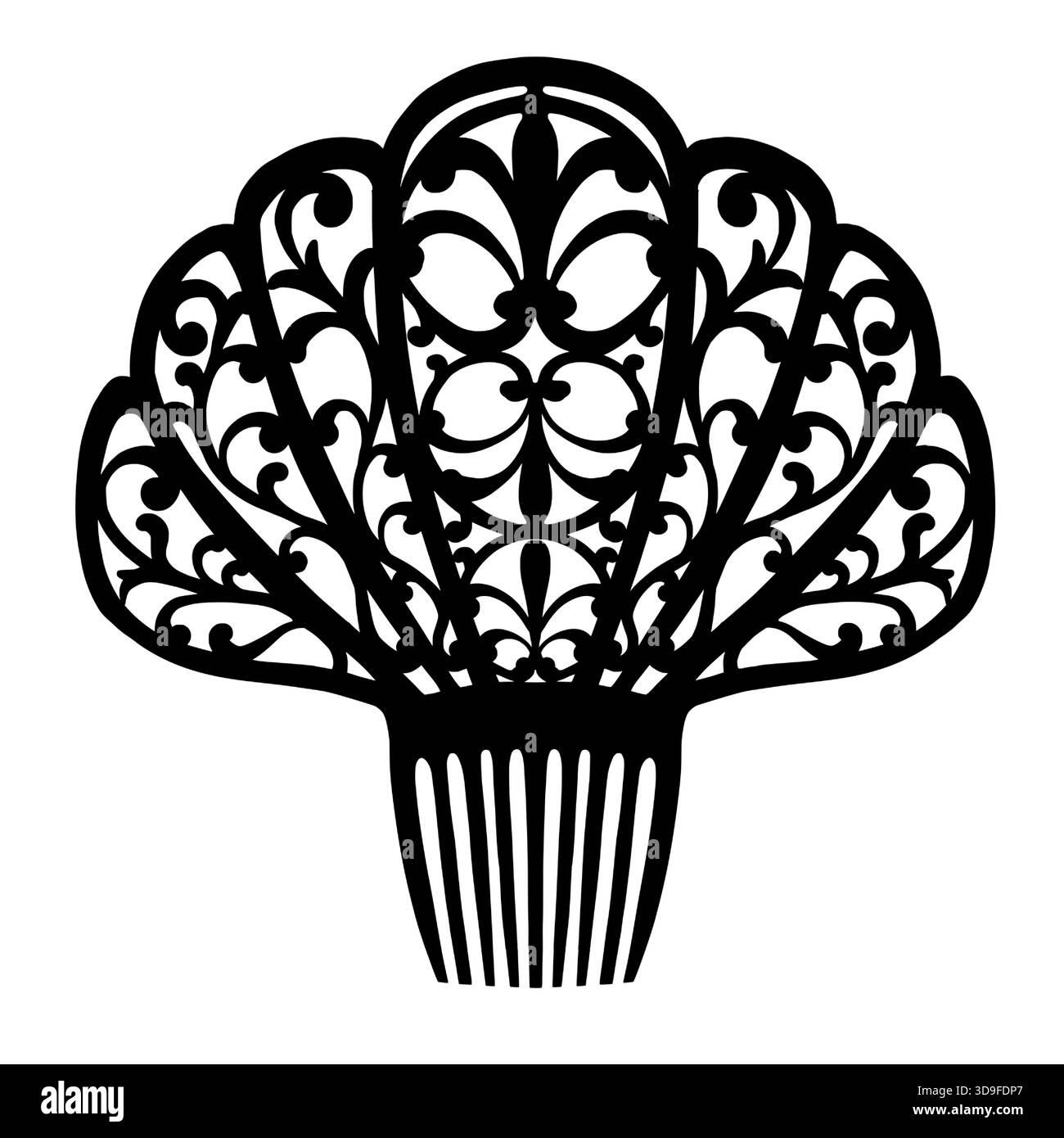 Haarkamm in durchbrochener Silhouette eines traditionellen spanischen, klassisches Accessoire für Flamenco-Tanz und Kulturkleid. Vektor-Illustration schwarz-weiß Stock Vektor