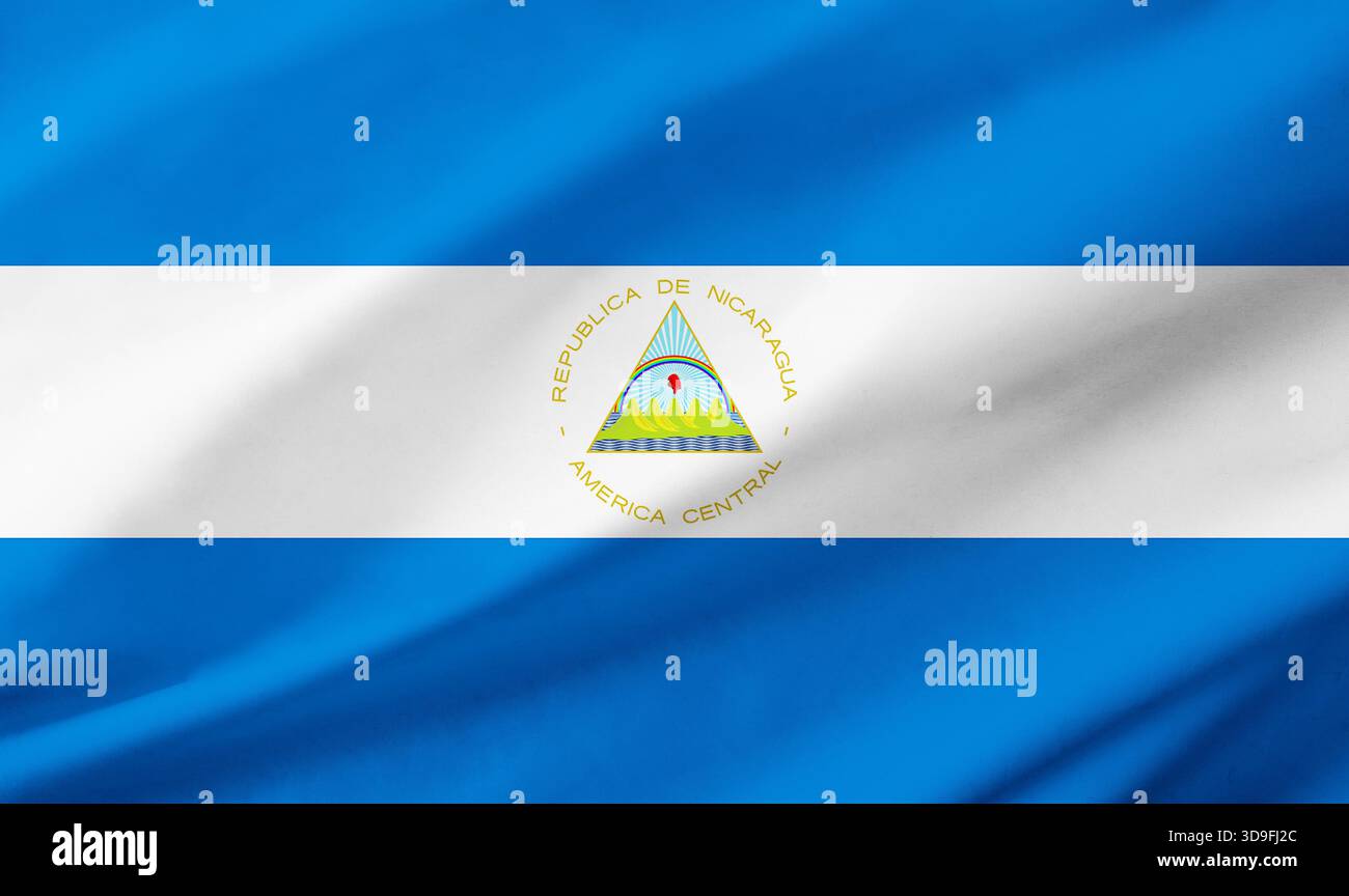 Hintergrunddetail der Flagge Nicaraguas, die den gesamten Rahmen mit gewellter Textur besetzt. Stockfoto
