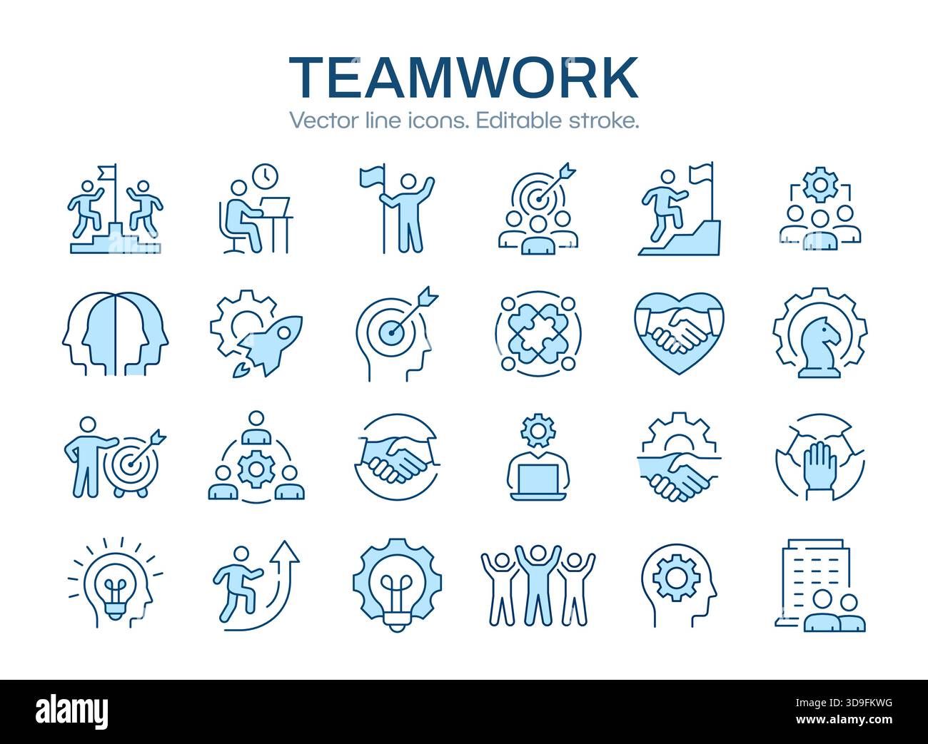 Symbolsatz für Teamarbeit, wie Zusammenarbeit, Teamziel, Führung, Zusammenarbeit und vieles mehr. Vektorillustration isoliert auf weiß. Bearbeitbare Kontur. Stock Vektor