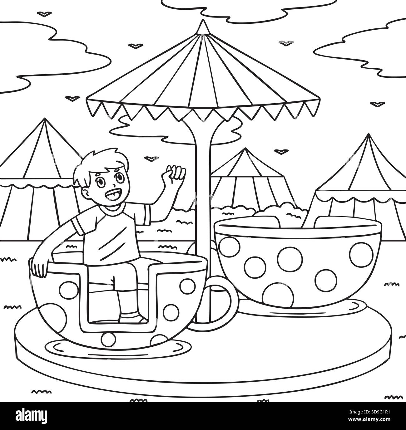 Vergnügungspark Boy Spinning Tea Cup Ride Coloring Stock Vektor