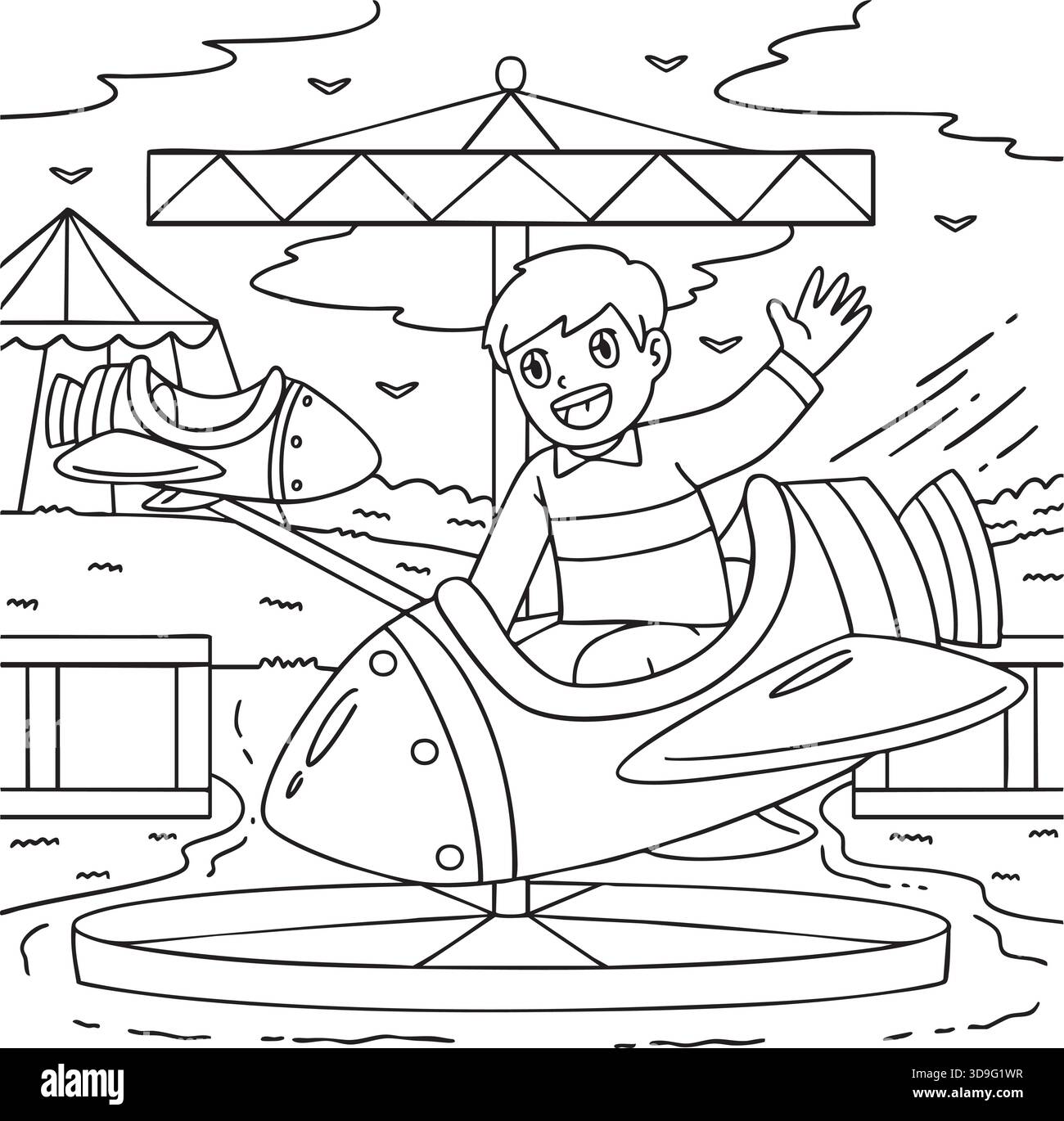 Amusement Park Boy on a Rocket Ride Malpage Stock Vektor